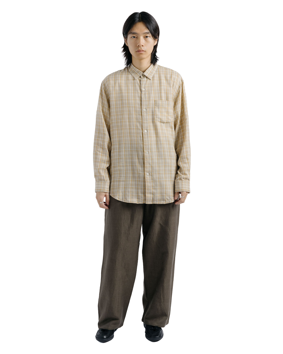 awasa Regular Collar Double Gauze Shirt Beige Check