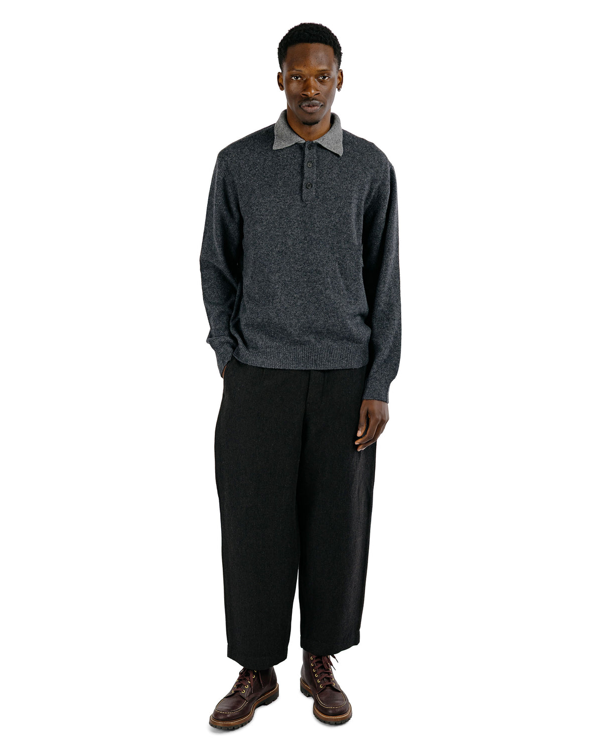 evan kinori Single Pleat Pant Wool Linen Herringbone Black/Brown
