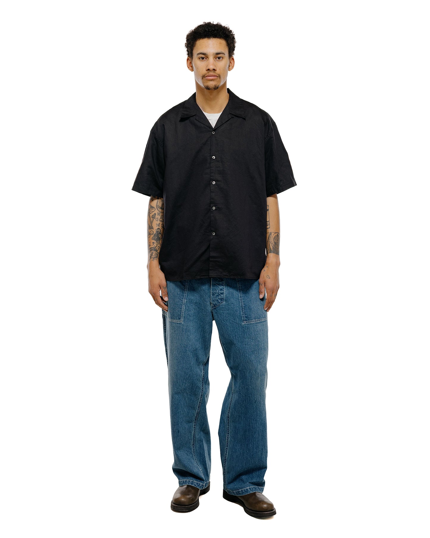 lost & found CIOTA CIOTA Open Collar Short Sleeve Shirt Cotton/Linen Black