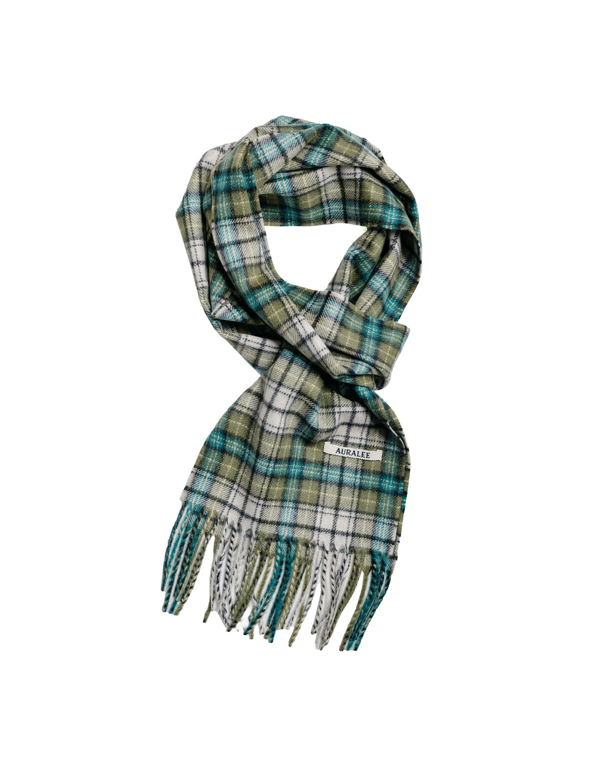 Auralee Cashmere Check Long Stole Moss Green Check