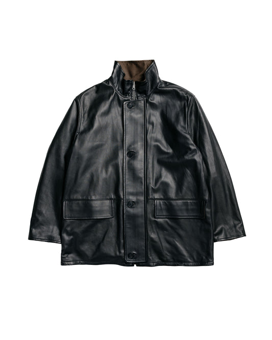Auralee Reversible Wool Twisted Twill / Sheep Leather Half Coat Brown Chambray/Black