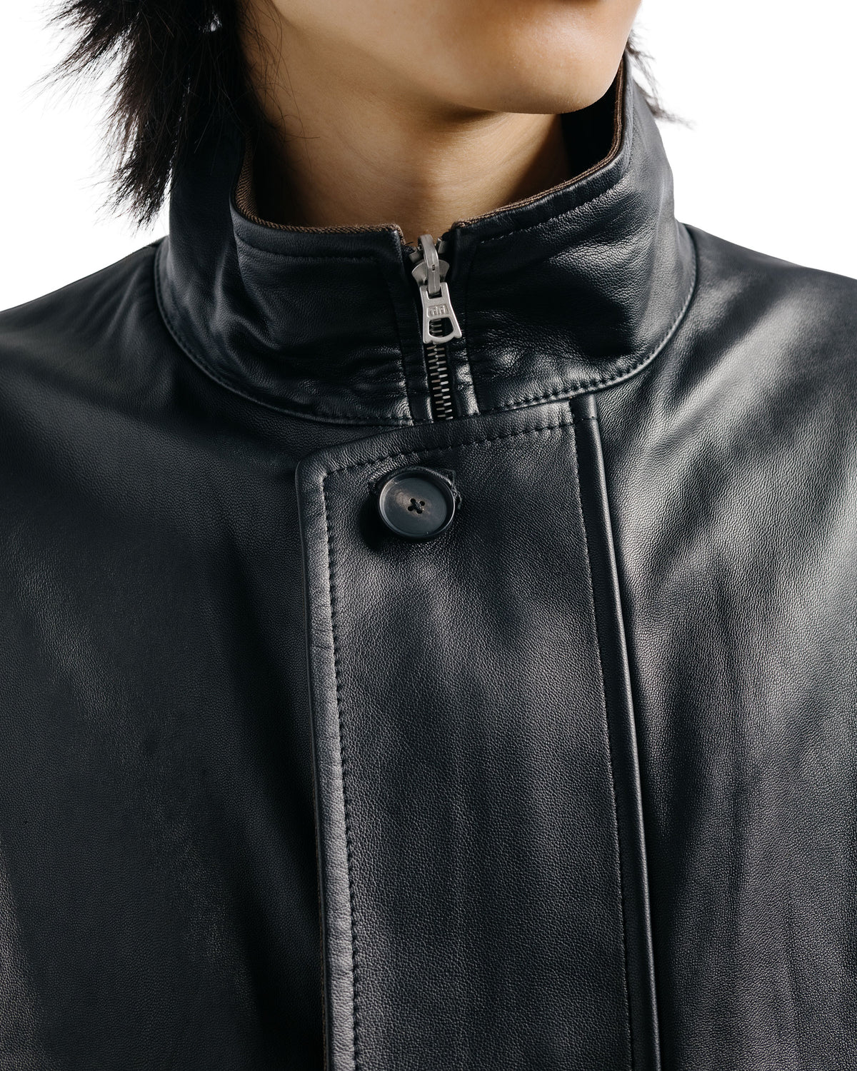lost & found Auralee Auralee Reversible Wool Twisted Twill / Sheep Leather Half Coat Brown Chambray/Black