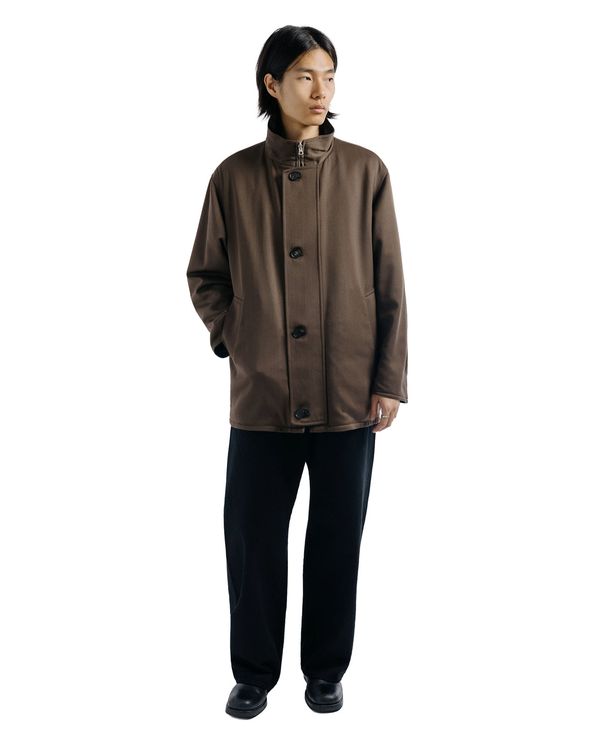 lost & found Auralee Auralee Reversible Wool Twisted Twill / Sheep Leather Half Coat Brown Chambray/Black