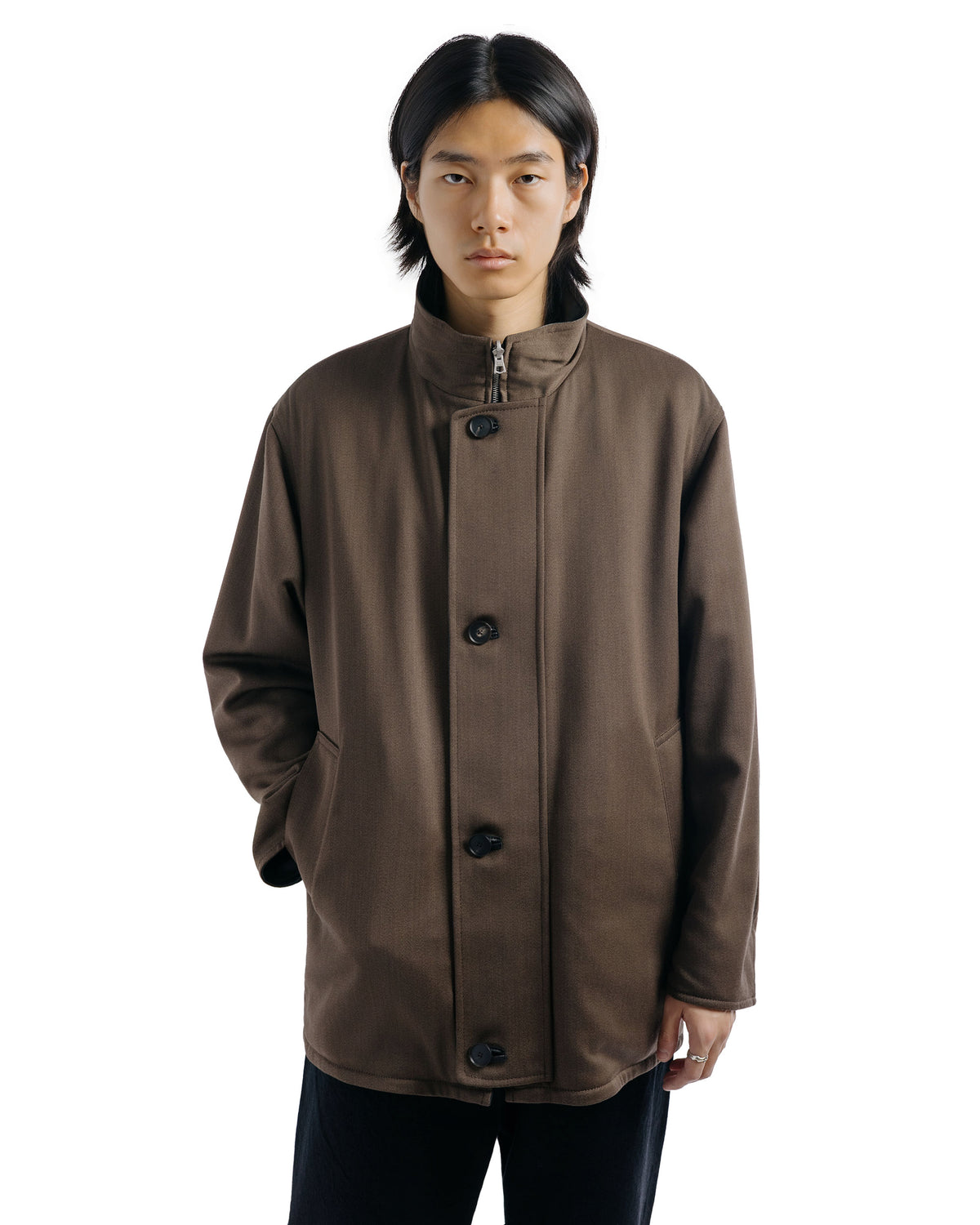 lost & found Auralee Auralee Reversible Wool Twisted Twill / Sheep Leather Half Coat Brown Chambray/Black