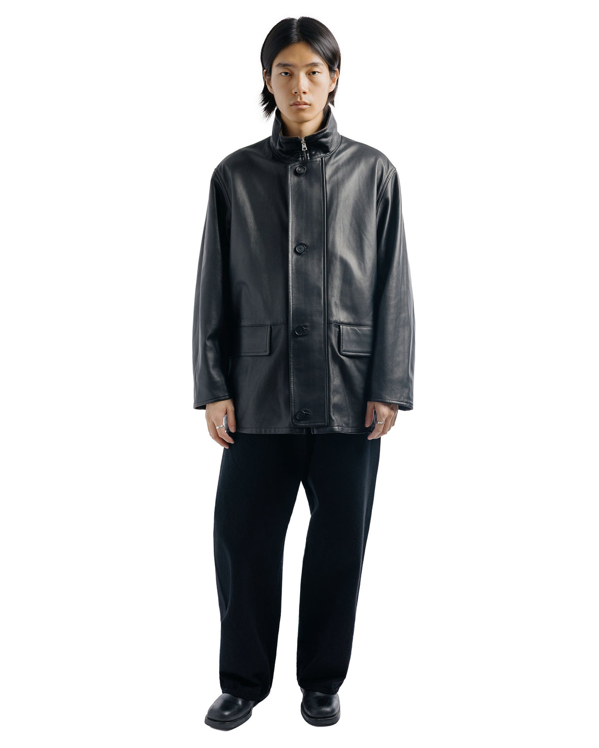 lost & found Auralee Auralee Reversible Wool Twisted Twill / Sheep Leather Half Coat Brown Chambray/Black