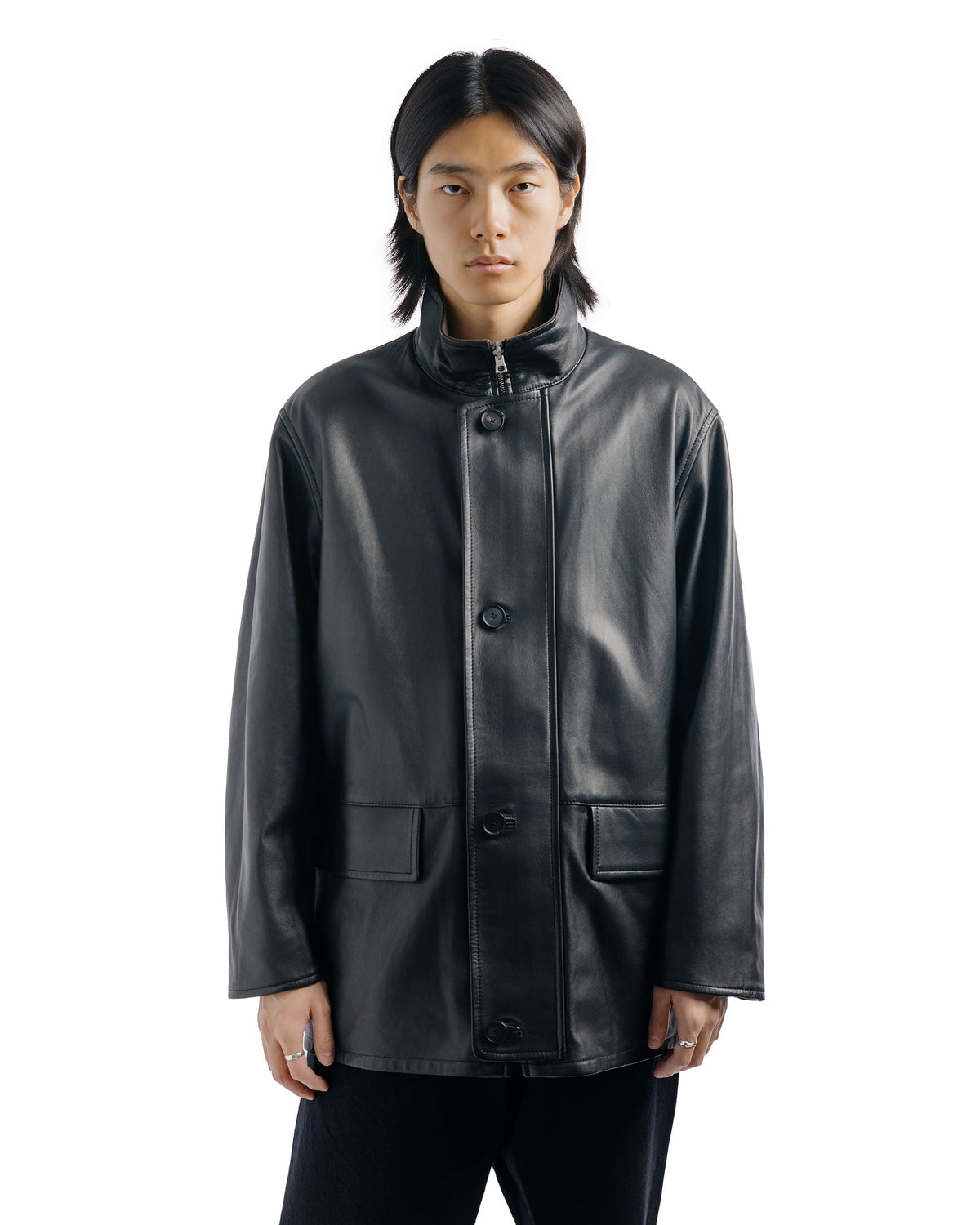 lost & found Auralee Auralee Reversible Wool Twisted Twill / Sheep Leather Half Coat Brown Chambray/Black