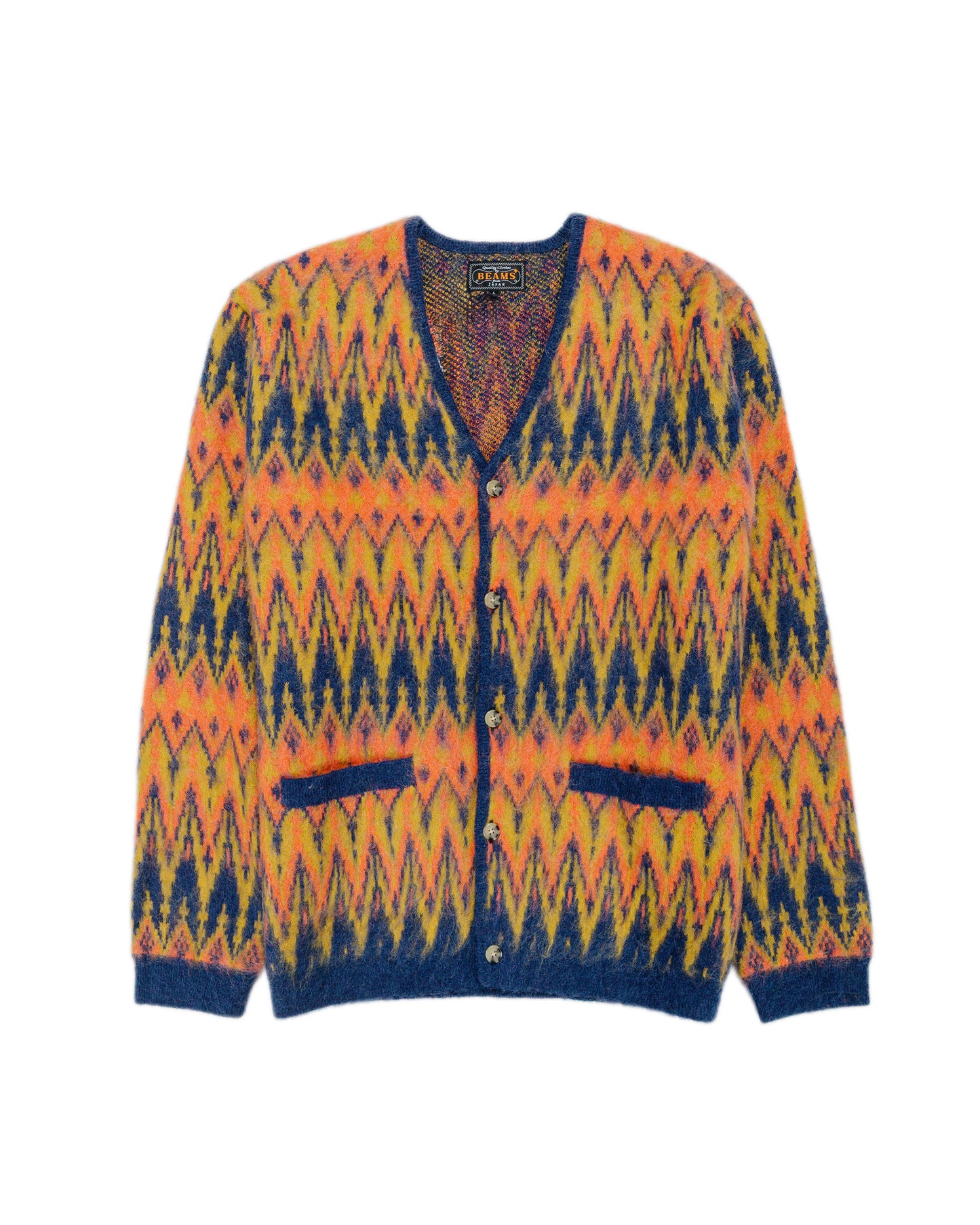 Beams Plus Cardigan Jacquard Chevron Pattern Navy