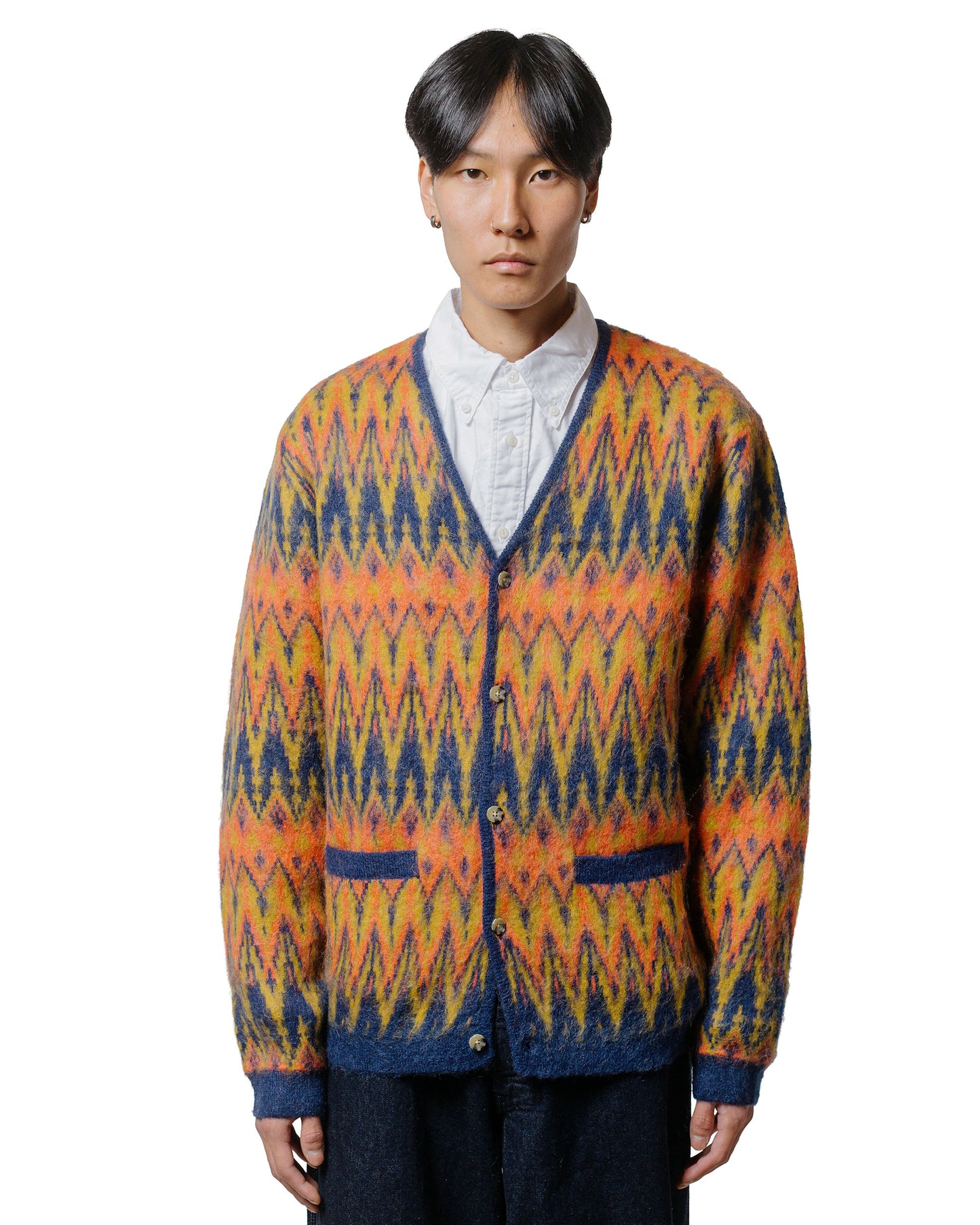 Beams Plus Cardigan Jacquard Chevron Pattern Navy