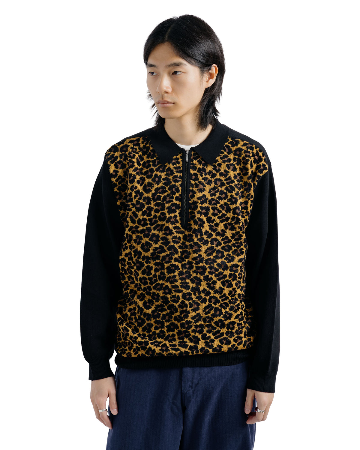 Beams Plus Half Zip Knit Polo Animal Leopard