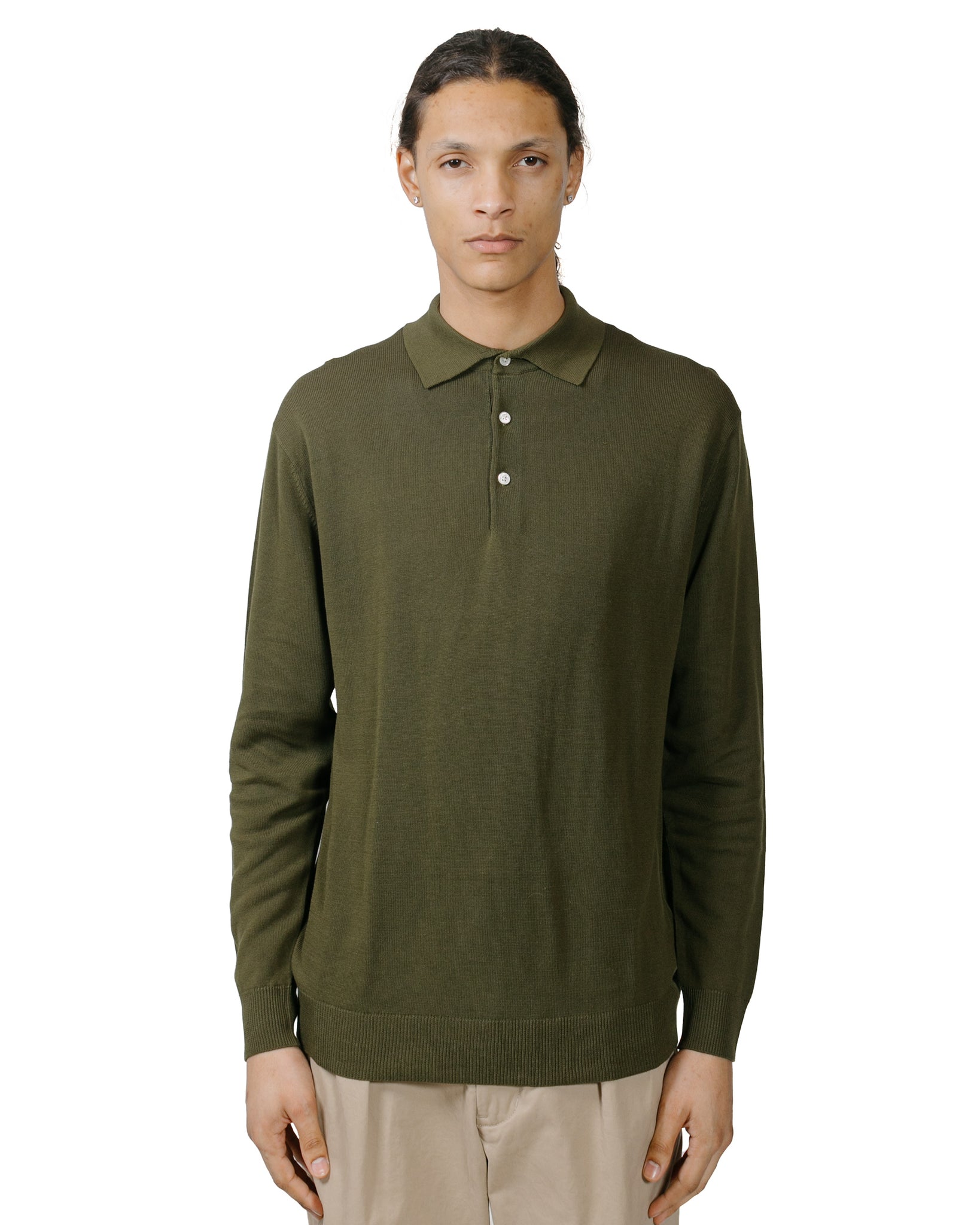 Beams Plus Knit Polo 12G Olive model front
