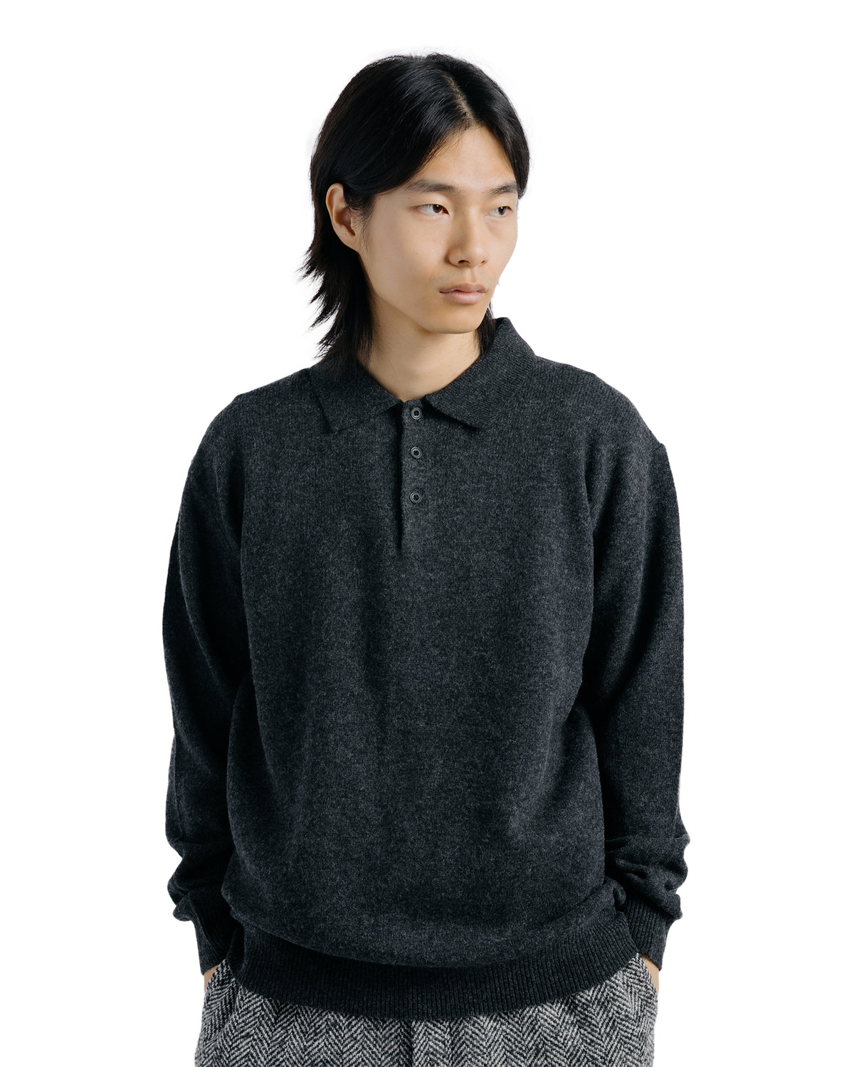 Beams Plus Knit Polo 9G Charcoal Grey