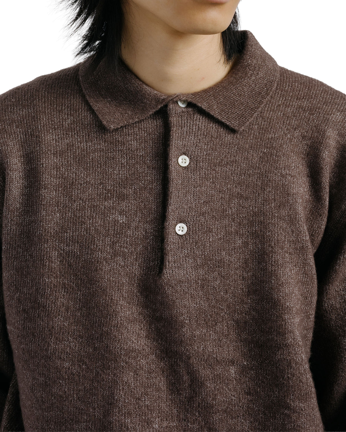 Beams Plus Knit Polo 9G Wool Silk Shaggy Dark Brown