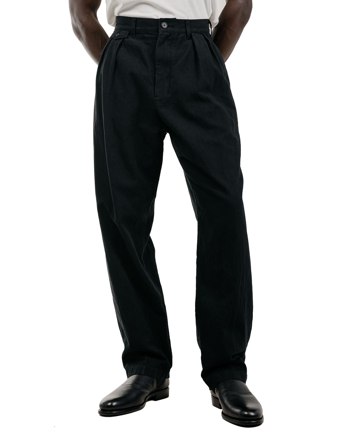 Beams Plus Lost & Found 2Pleats Trousers Cotton Linen Black