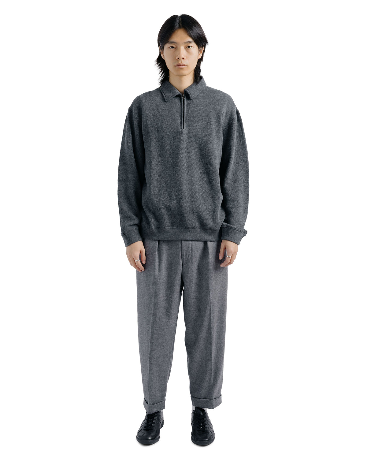 Beams Plus Sweat Half Zip Wool Cotton Charcoal