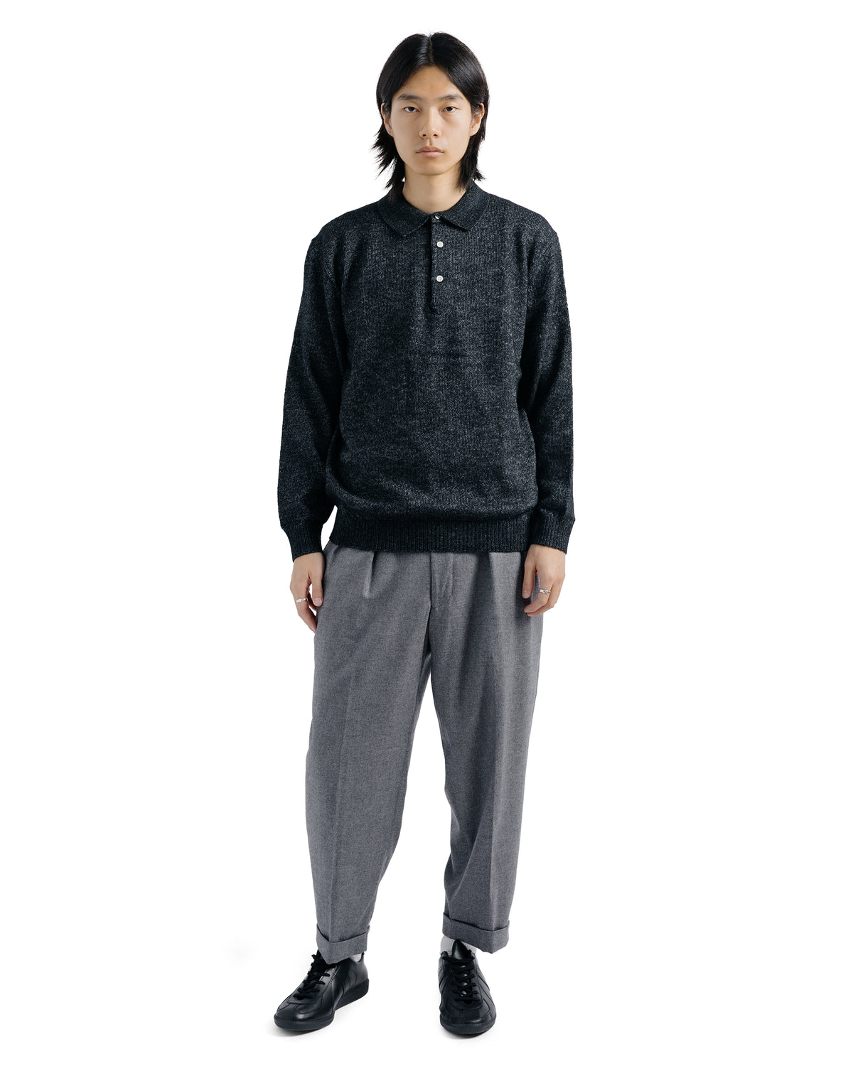 Beams Plus Knit Polo 9G Wool Silk Shaggy Black