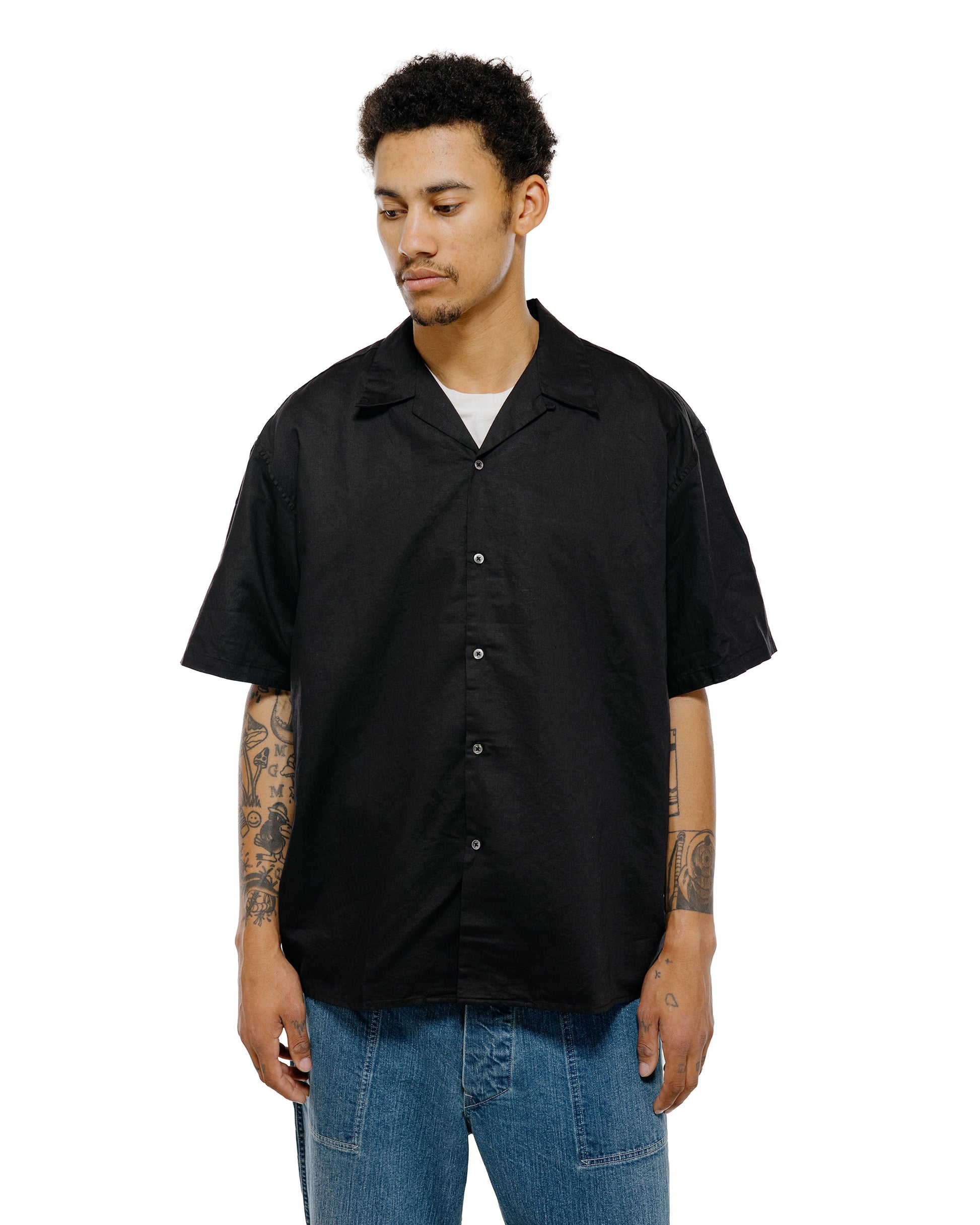 lost & found CIOTA CIOTA Open Collar Short Sleeve Shirt Cotton/Linen Black