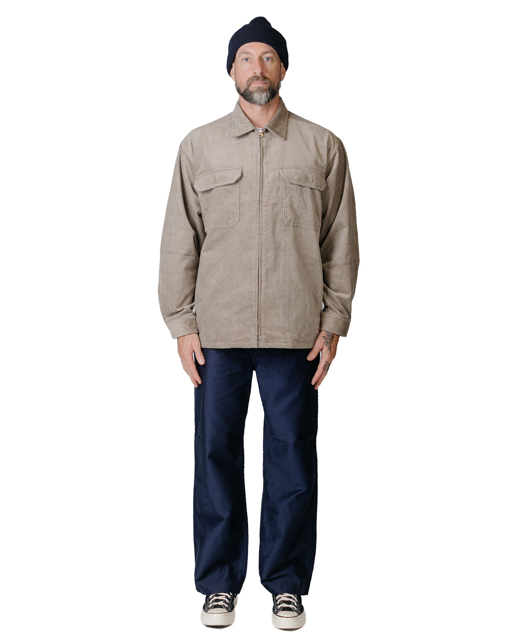 Danton Corduroy Zip Shirt Blouson Taupe Grey Model Full