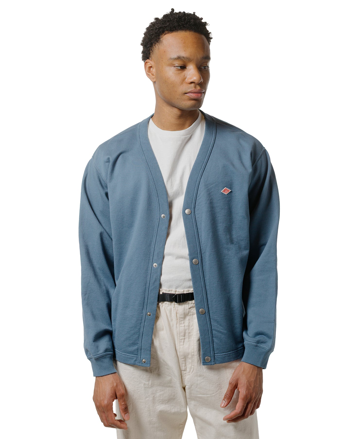 Danton Cotton Terry Dot Button V-Neck Cardigan Dark Blue