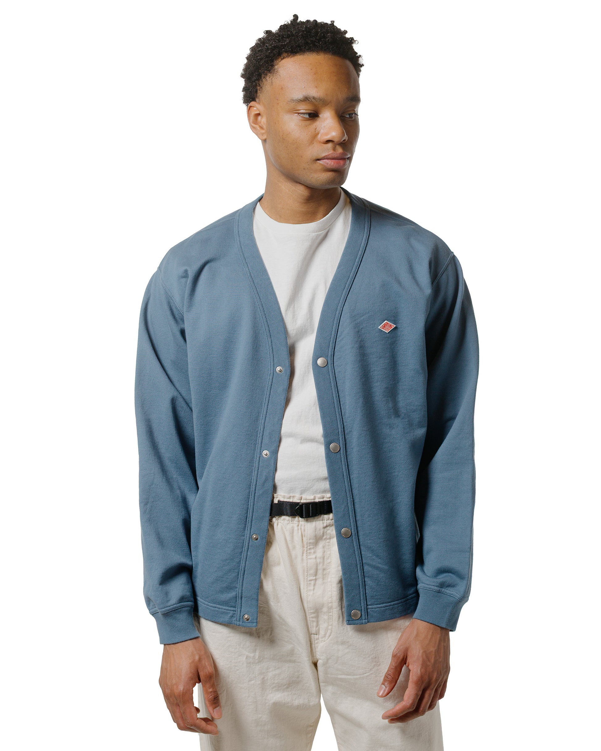 Danton Cotton Terry Dot Button V-Neck Cardigan Dark Blue