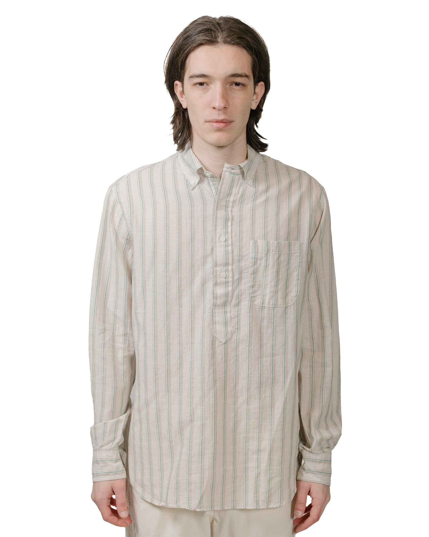 Gitman Vintage Bros. Tan Cotton/Ramie Cabana Stripe Popover Shirt model front
