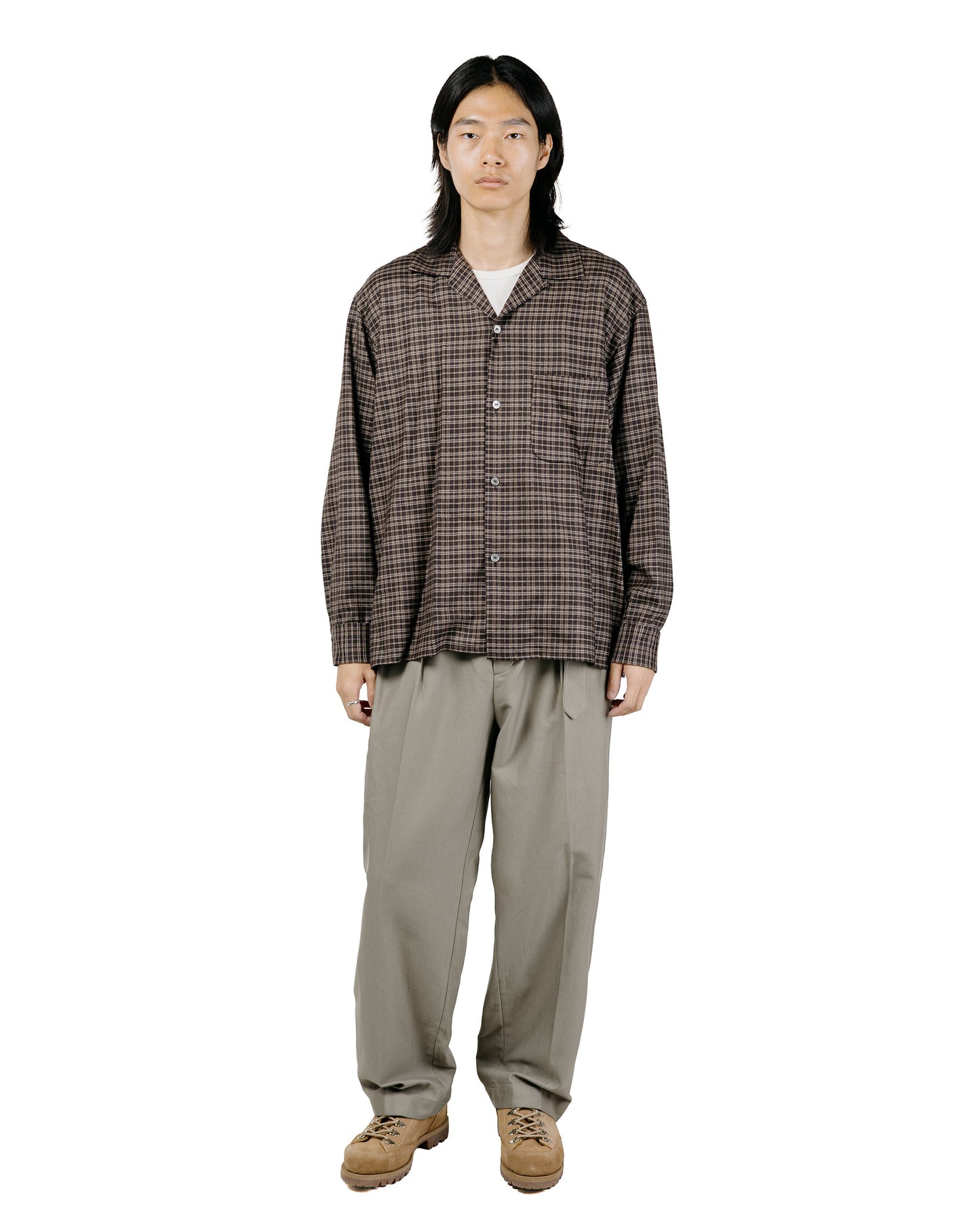 KAPTAIN SUNSHINE Wool Plaid Open Collar Shirt Brown
