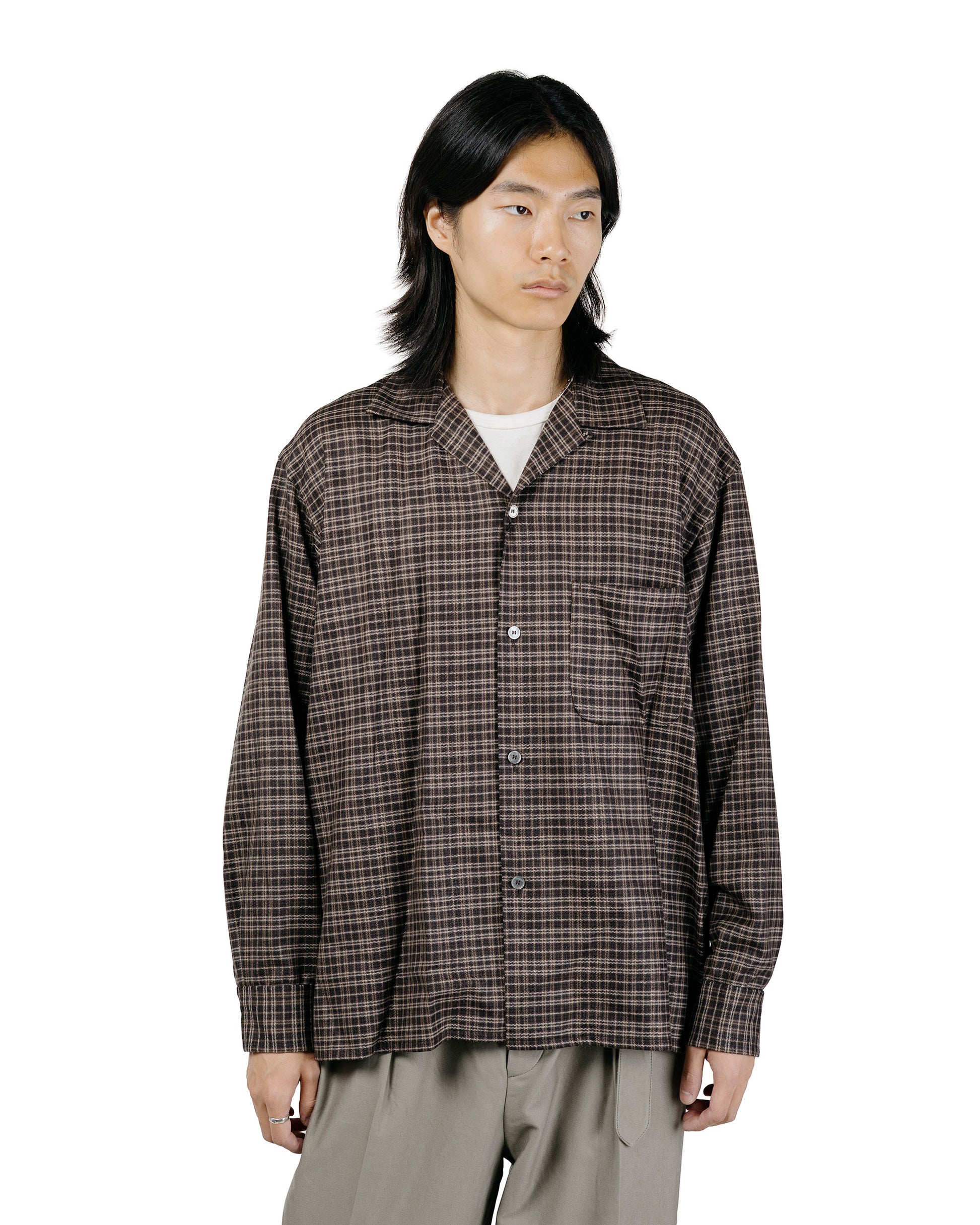 KAPTAIN SUNSHINE Wool Plaid Open Collar Shirt Brown