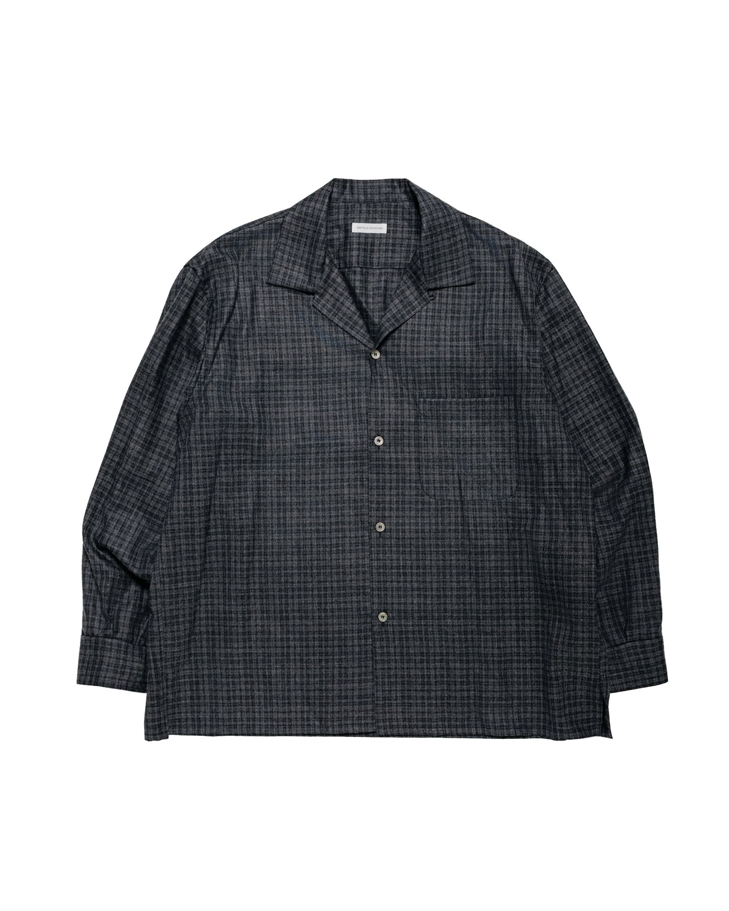 KAPTAIN SUNSHINE Wool Plaid Open Collar Shirt Charcoal