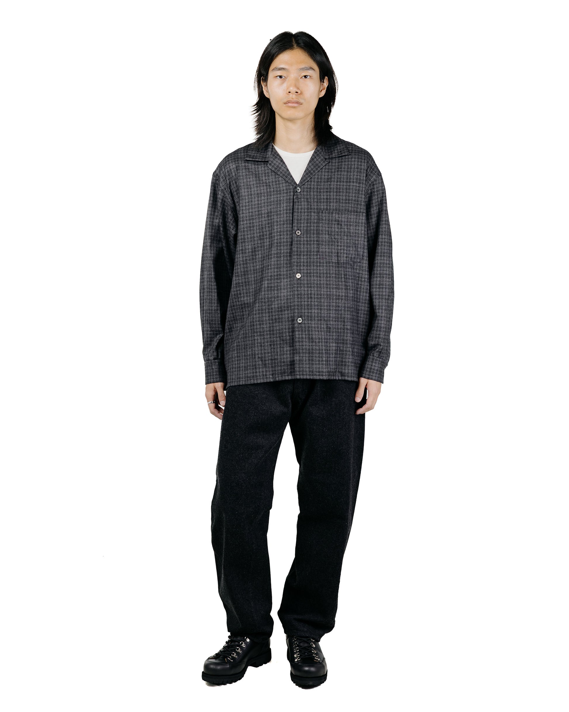 KAPTAIN SUNSHINE Wool Plaid Open Collar Shirt Charcoal