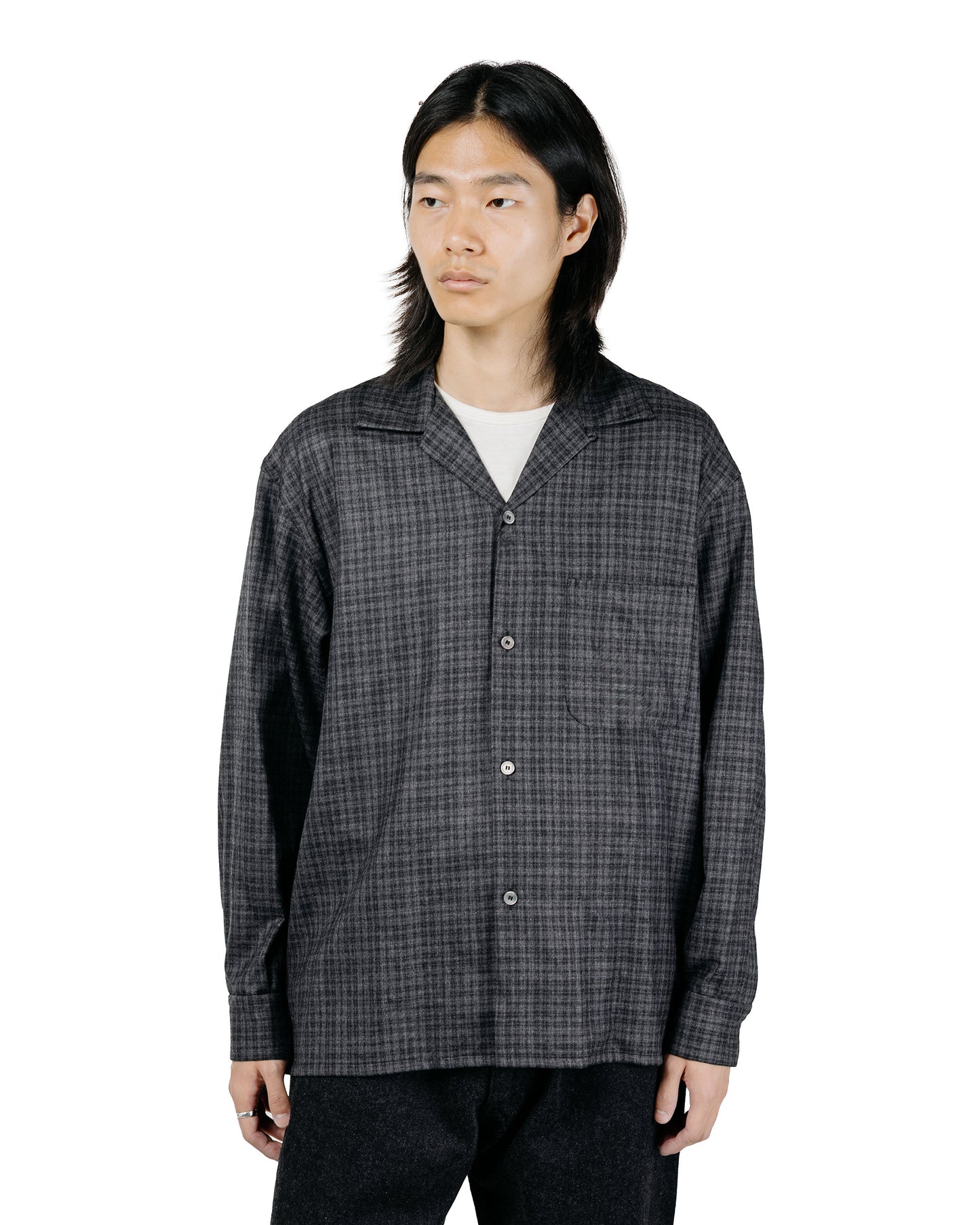 KAPTAIN SUNSHINE Wool Plaid Open Collar Shirt Charcoal