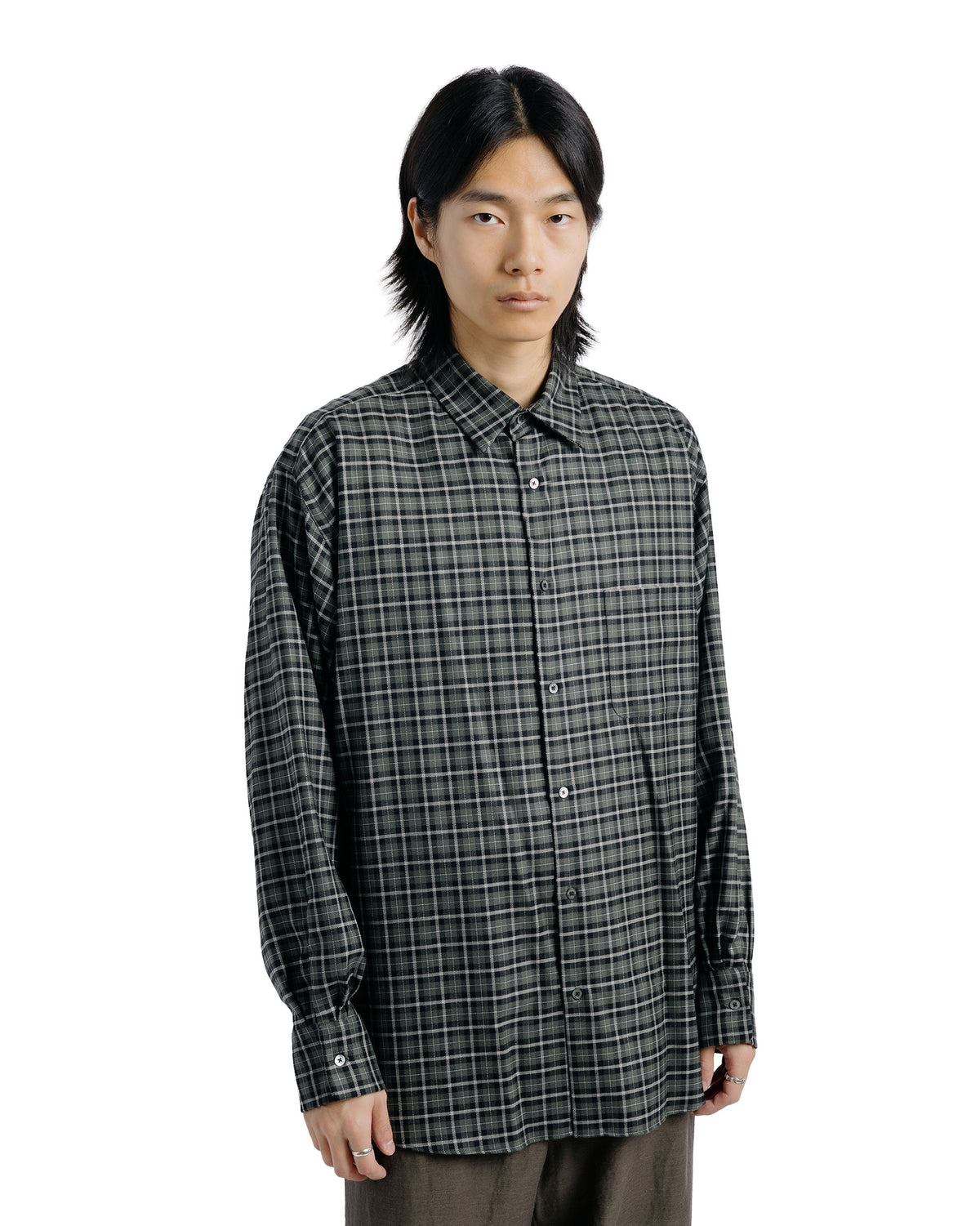 MARKAWARE Comfort Fit Shirt Organic Wool Viyella Check Moss Gray Check