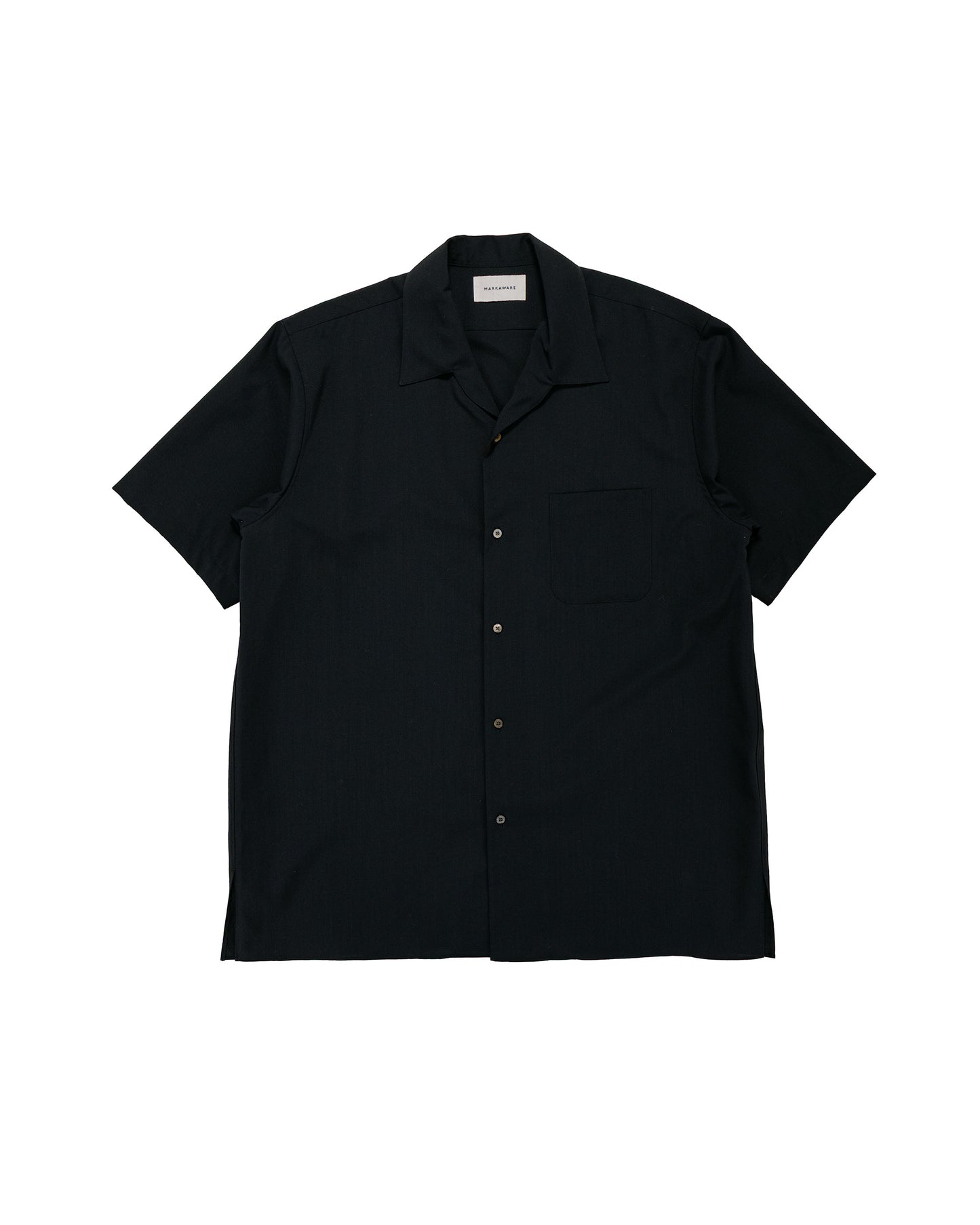 MARKAWARE Italian Open Collar S/S Shirt Organic Wool 2/80 Tropical Black