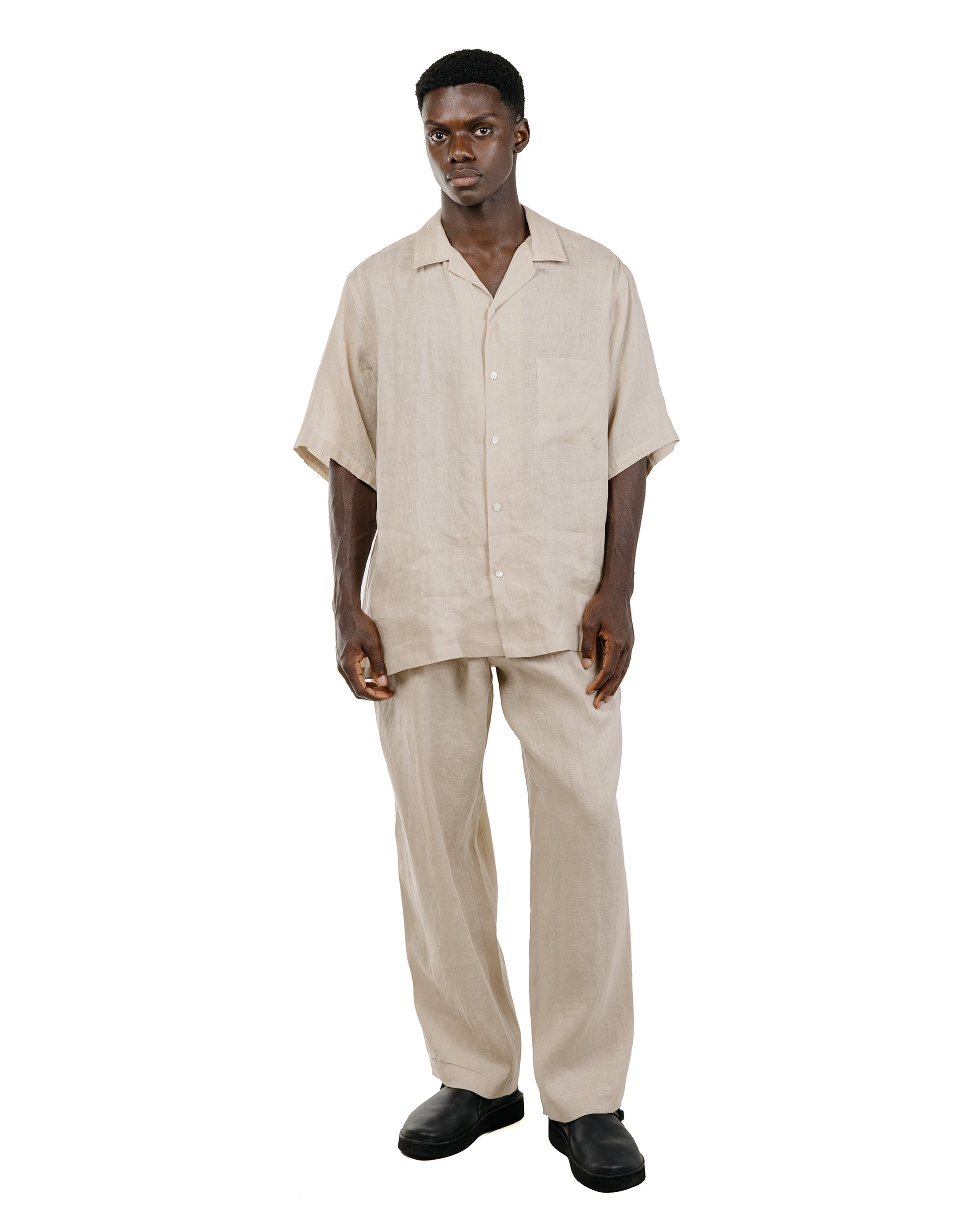 MARKAWARE New Open Collar S/S Shirt Hemp Shirting Taupe