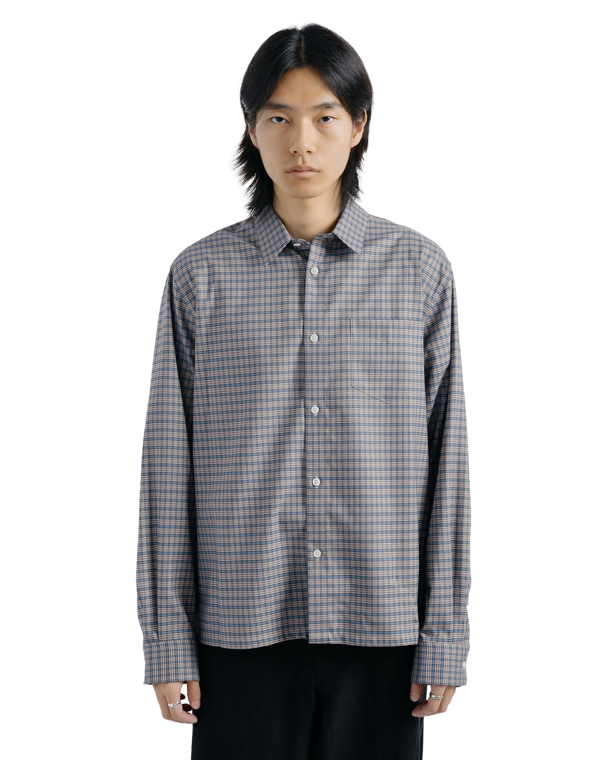MARKAWARE Square Shirt Super 160s Shrink-Resistant Wool Oxford Brown Check