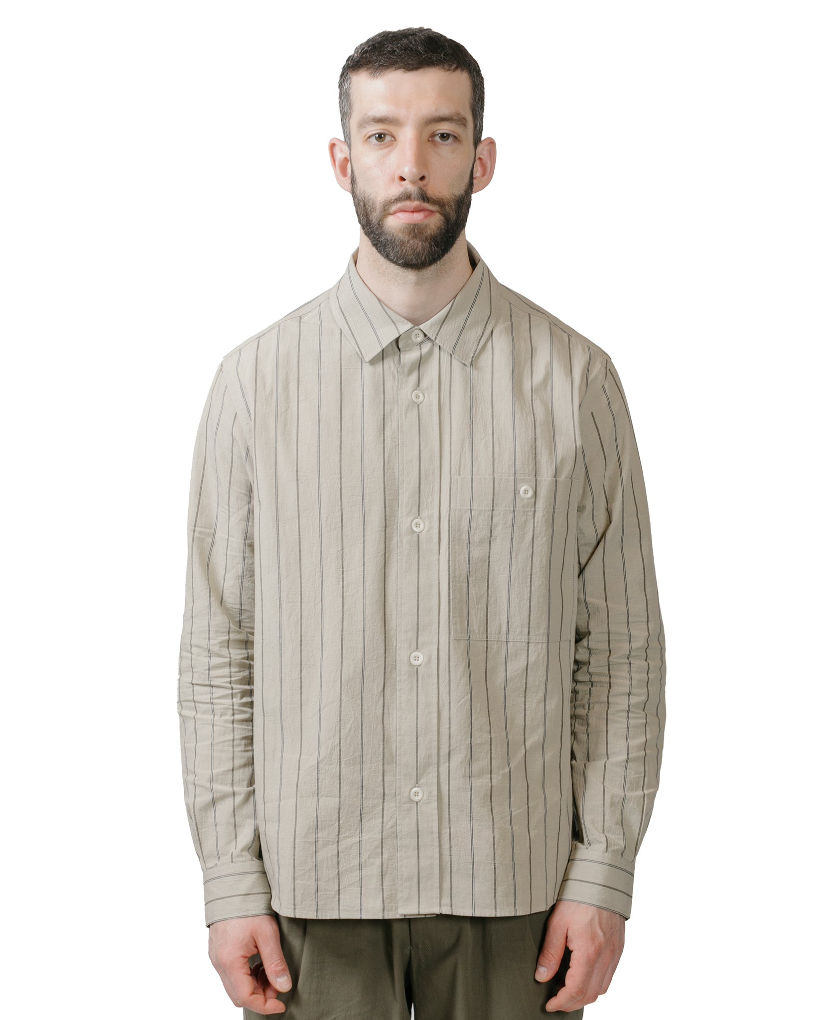 MHL Overall Shirt Wide Stripe Cotton Linen StoneNavyBark model front