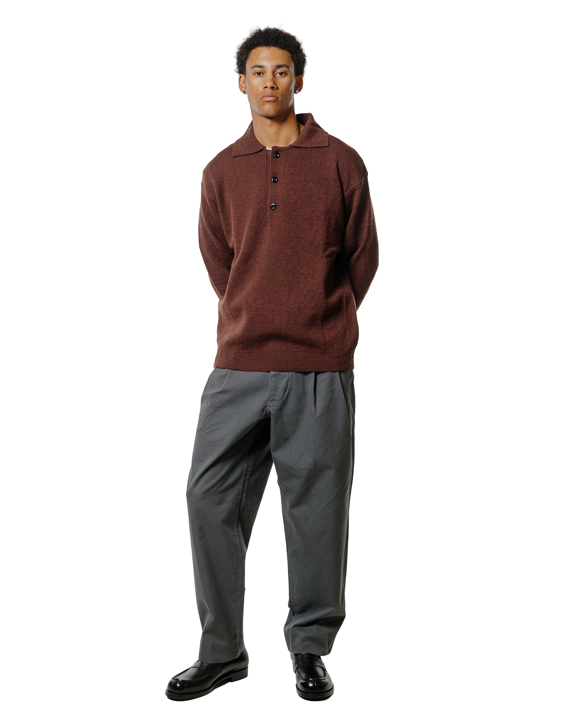 lost & found Margaret Howell MHL Oversized Knitted Polo Dry Wool Dark Brown