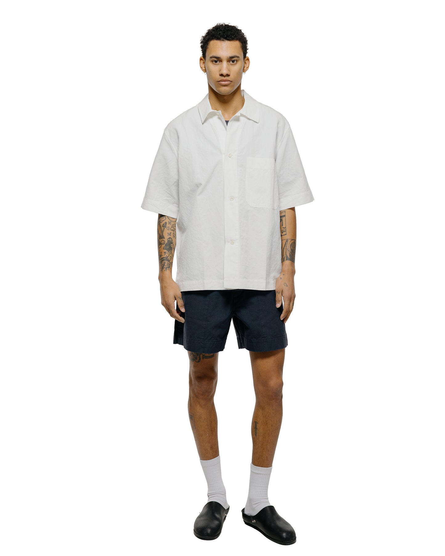 lost & found Margaret Howell MHL S/S PJ Shirt Cotton Linen Poplin Chalk