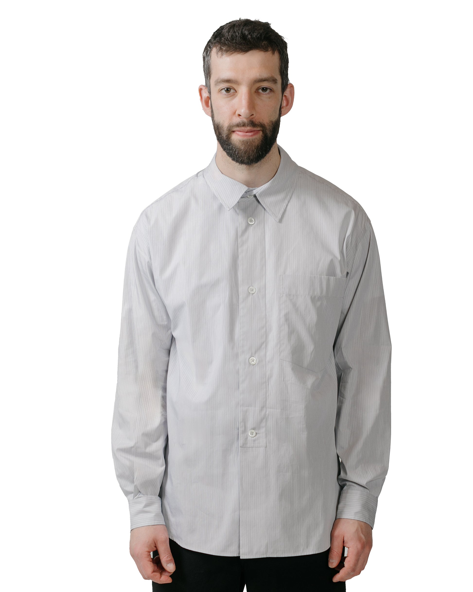 lost & found Margaret Howell Margaret Howell Half Placket Shirt Fine Stripe Cotton Poplin Grey/White