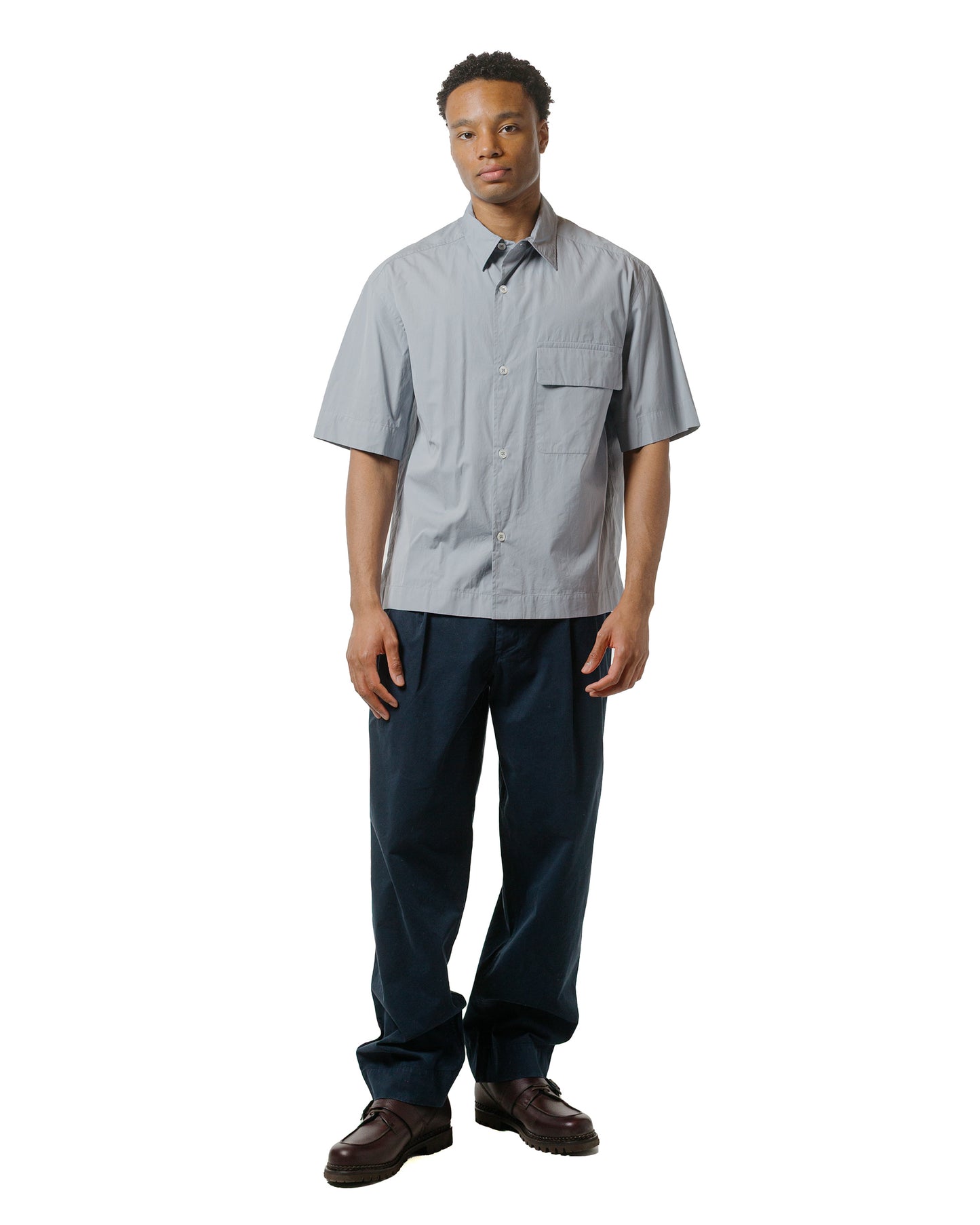 lost & found Margaret Howell Margaret Howell Short Sleeve Flap Pocket Shirt Compact Cotton Plainweave Pewter