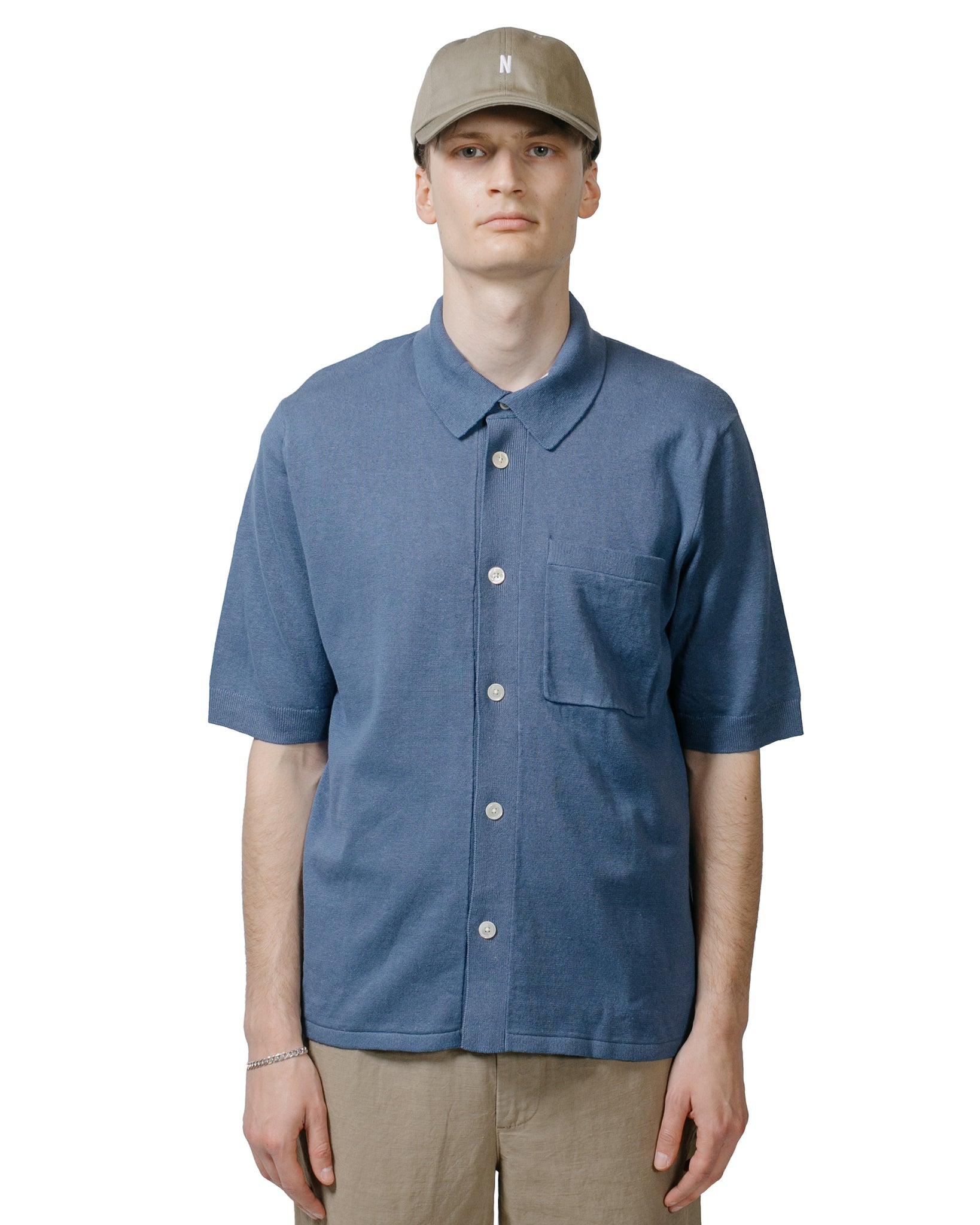 Norse Projects Rollo Cotton Linen SS Shirt Calcite Blue model front
