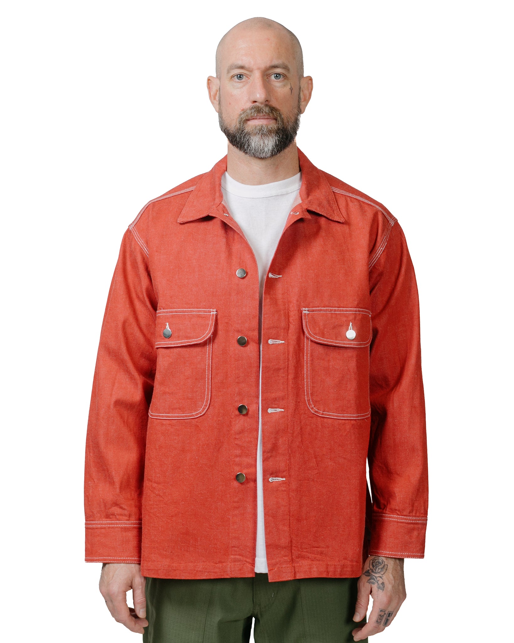 Randy's Garments Over Shirt 13.75oz Laundered Uncut Selvedge Denim Red model front