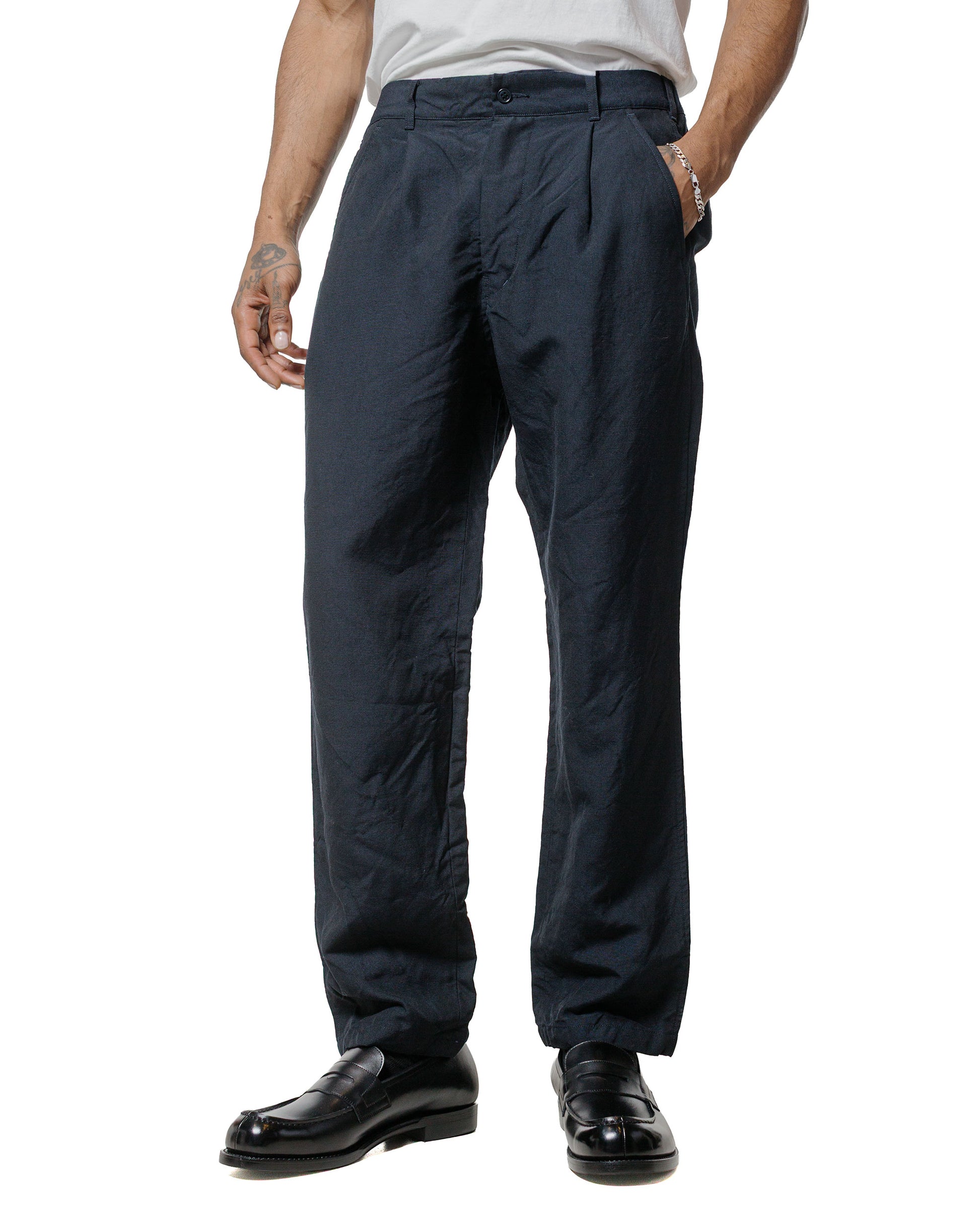 lost & found Sage de Cret Sage de Cret High Density Wool/Linen Oxford Pegtop Single Pleat Pants Navy