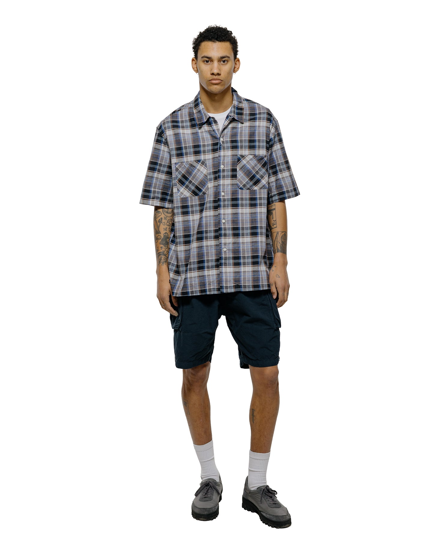 lost & found Sage de Cret Sage de Cret Organic CO/LI Madras Check Short Sleeve Open Collar Shirt Gray