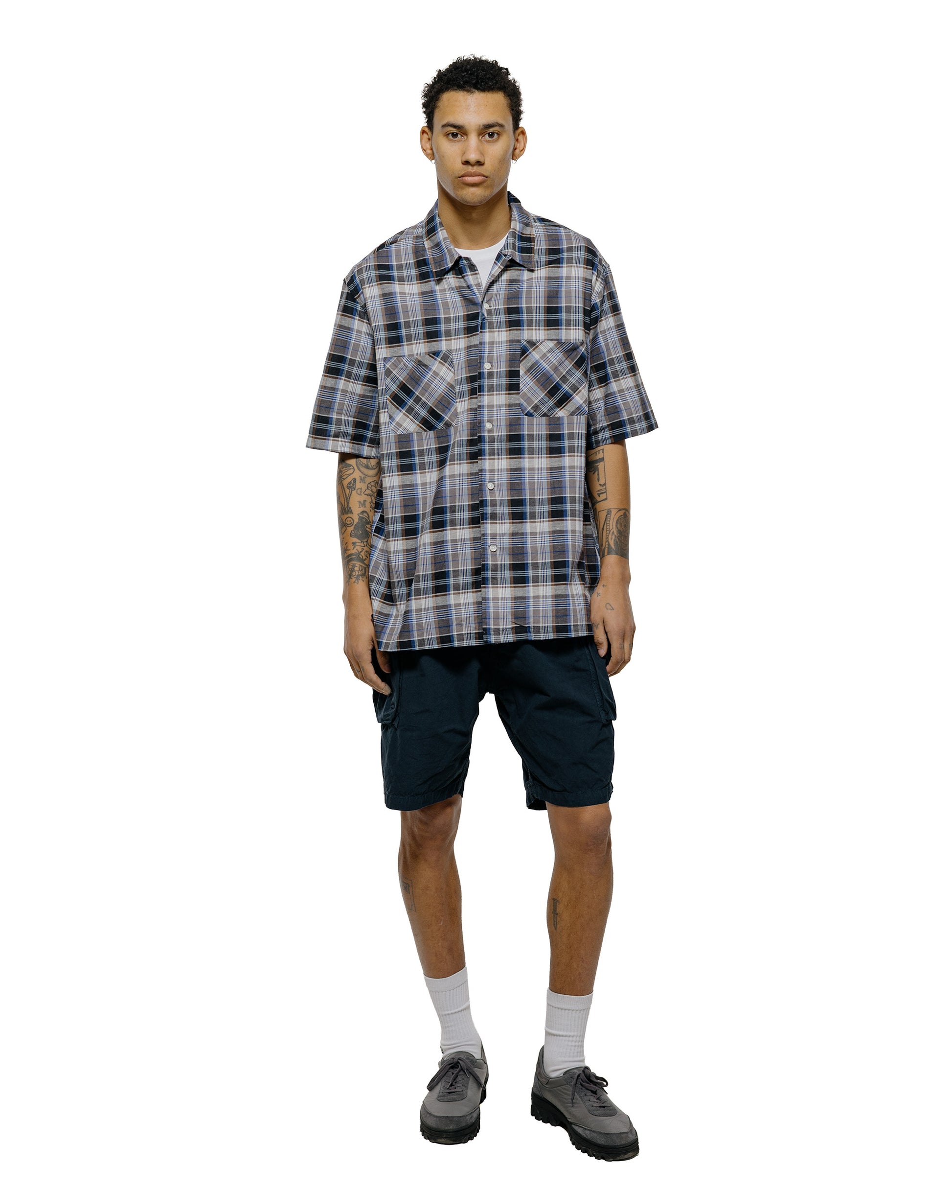 lost & found Sage de Cret Sage de Cret Organic CO/LI Madras Check Short Sleeve Open Collar Shirt Gray