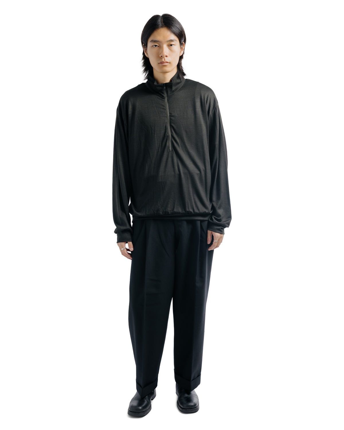 MARKAWARE Double Pleated Semi Easy Trousers Organic Wool Survival Cloth Black