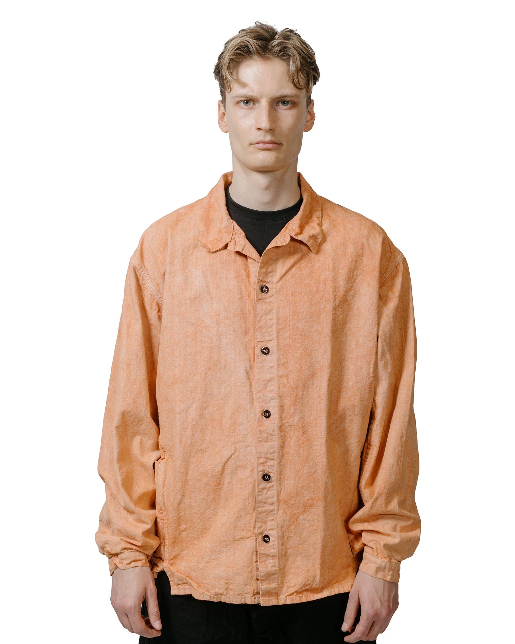 Tender Type 453 Double Cuff Mandolin Pocket Shirt Bleached Weft Stripe Cotton Canvas Red Ochre model front