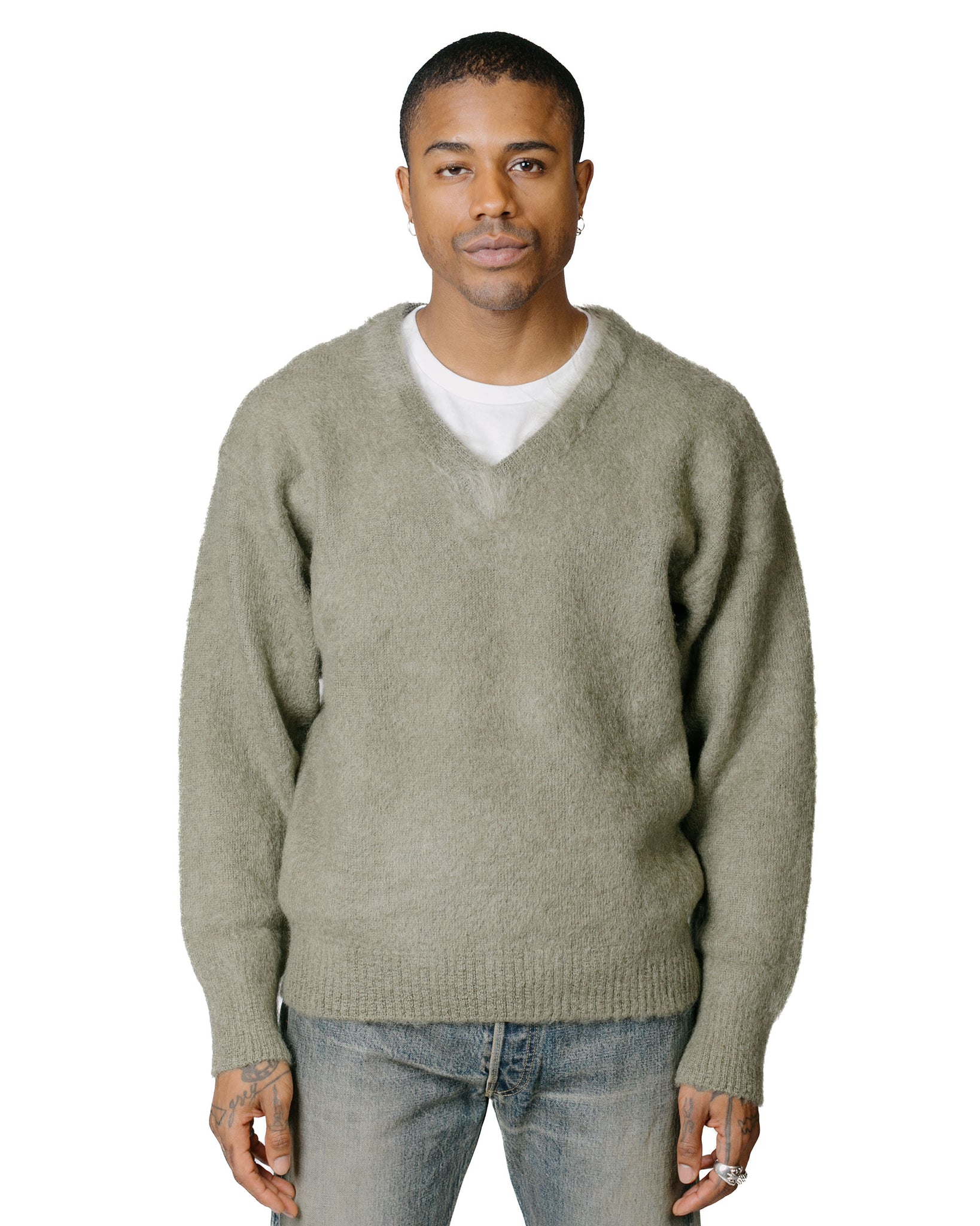 The Real McCoy's MC23109 JM Mohair V-Neck Sweater Mint model front