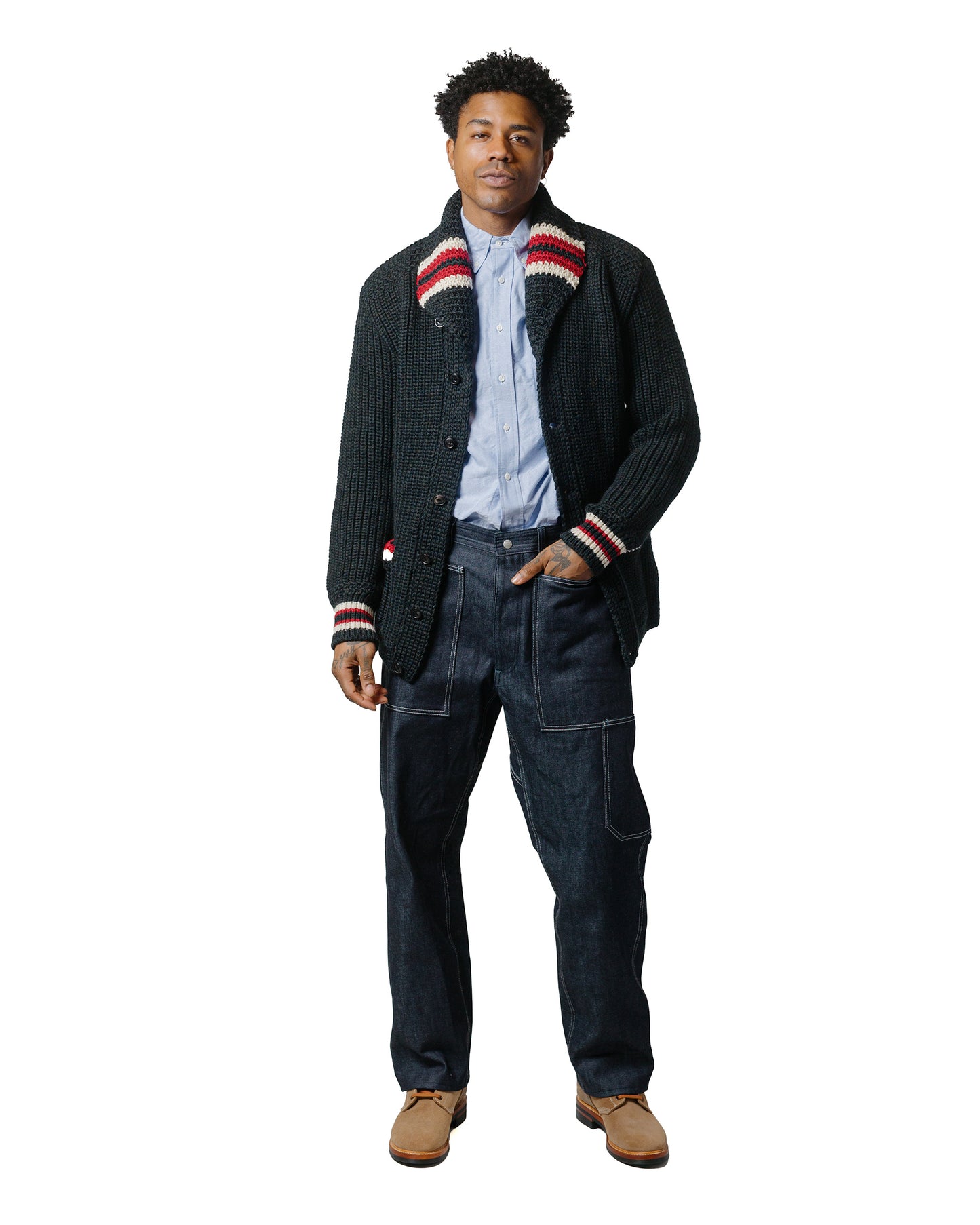 lost & found The Real McCoy's The Real McCoy's MC24111 Striped Shawl Collar Cardigan Charcoal