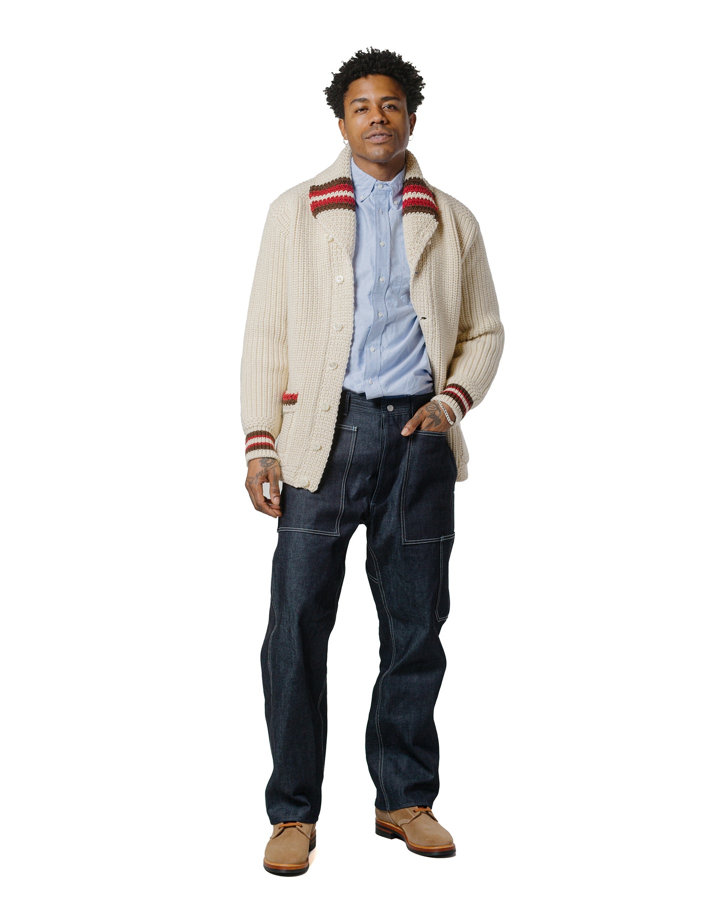 lost & found The Real McCoy's The Real McCoy's MC24111 Striped Shawl Collar Cardigan Ecru