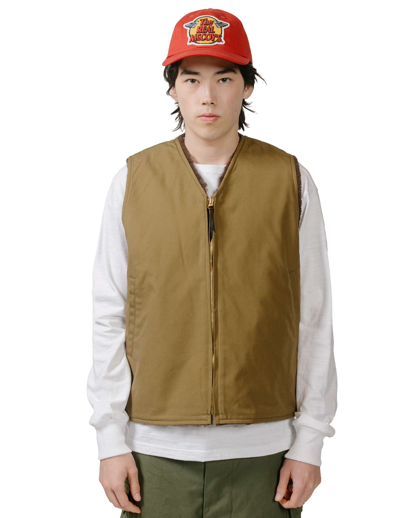 The Real McCoy's MJ23107 USN Alpaca Vest Khaki model front