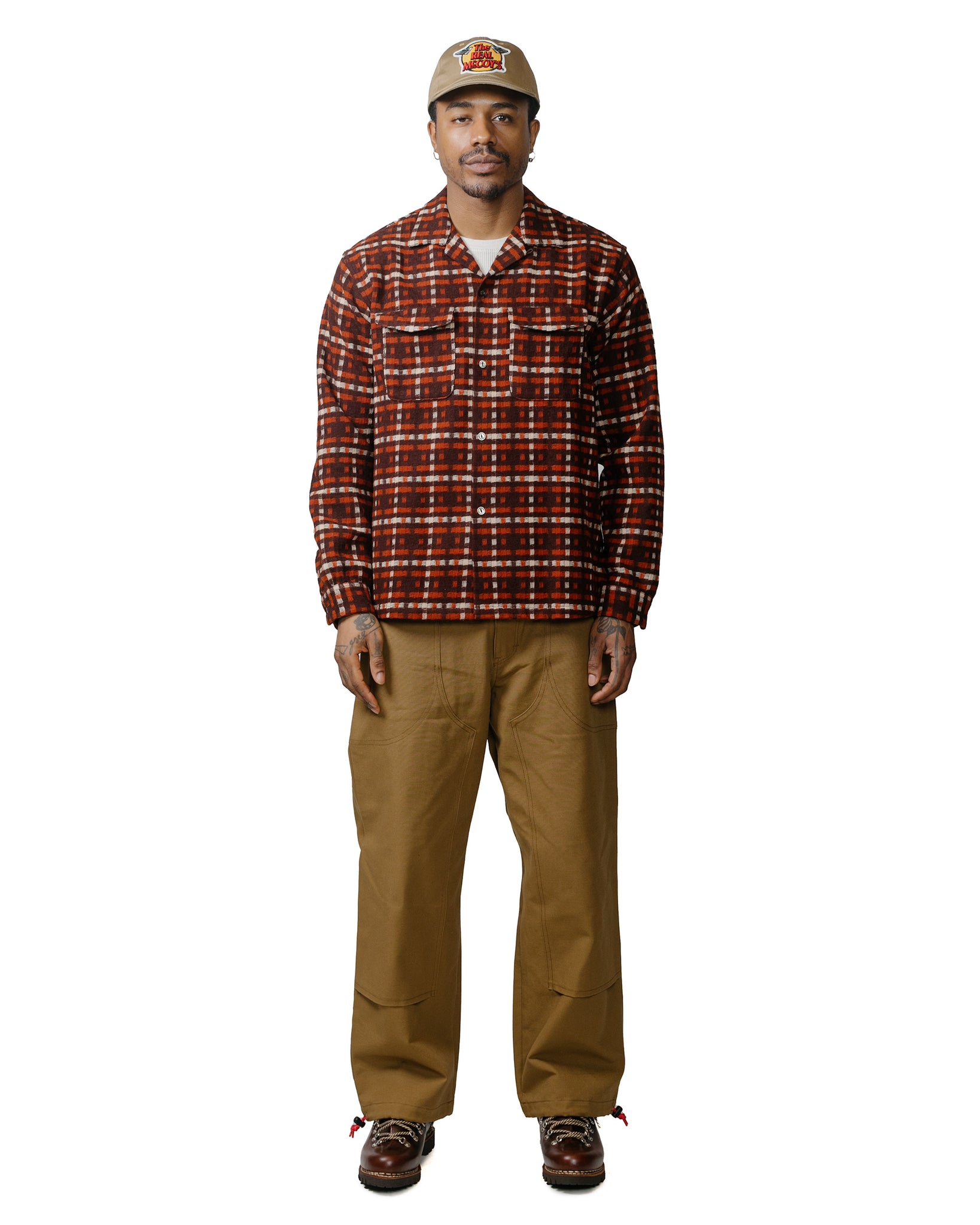 The Real McCoy's MS23106 Wool Stripe Open-Collar Shirt Brown/Orange model full